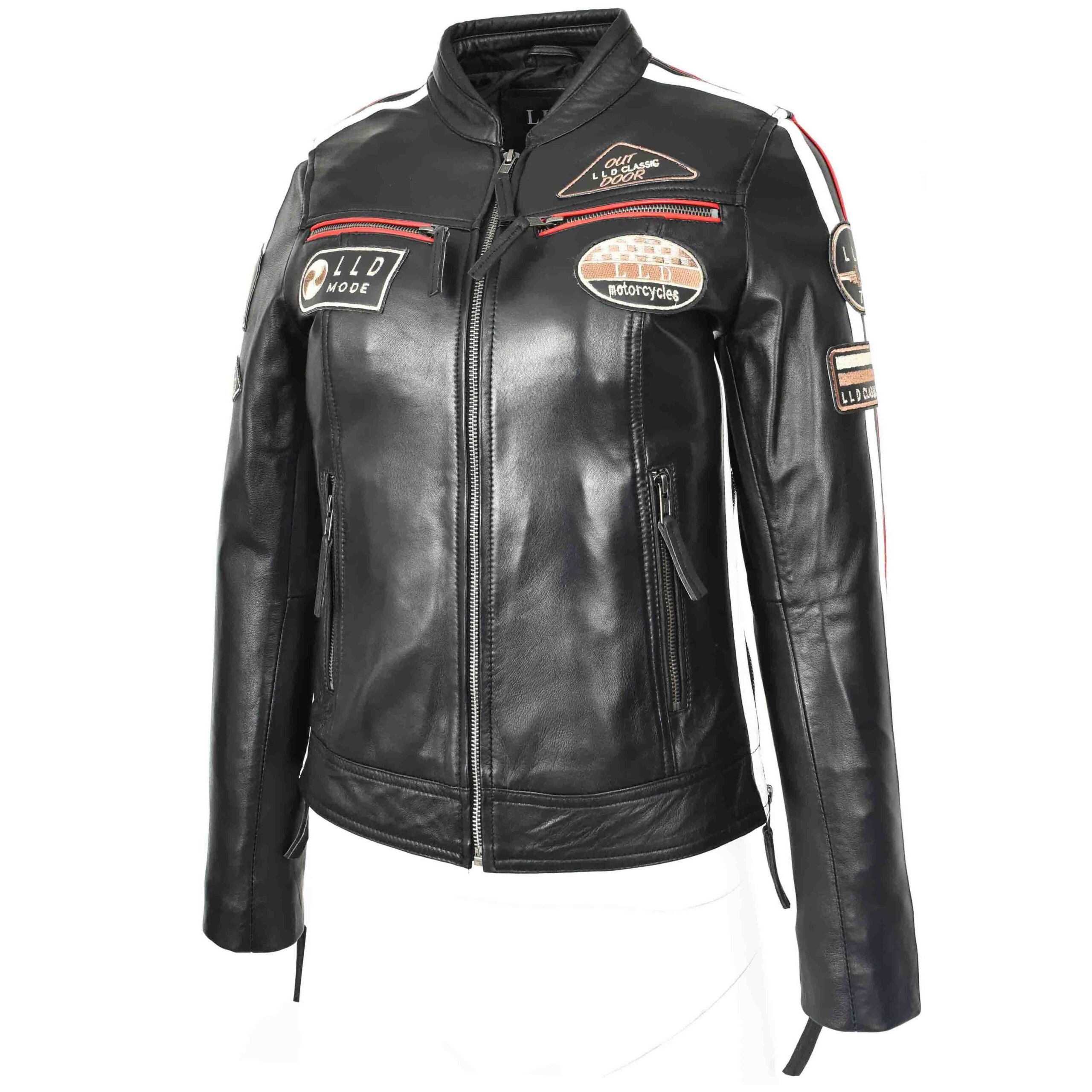 BUNERI Chaqueta Biker Cafe Racer de Cuero para Mujer Insignias Moto Negra - Imagen 4