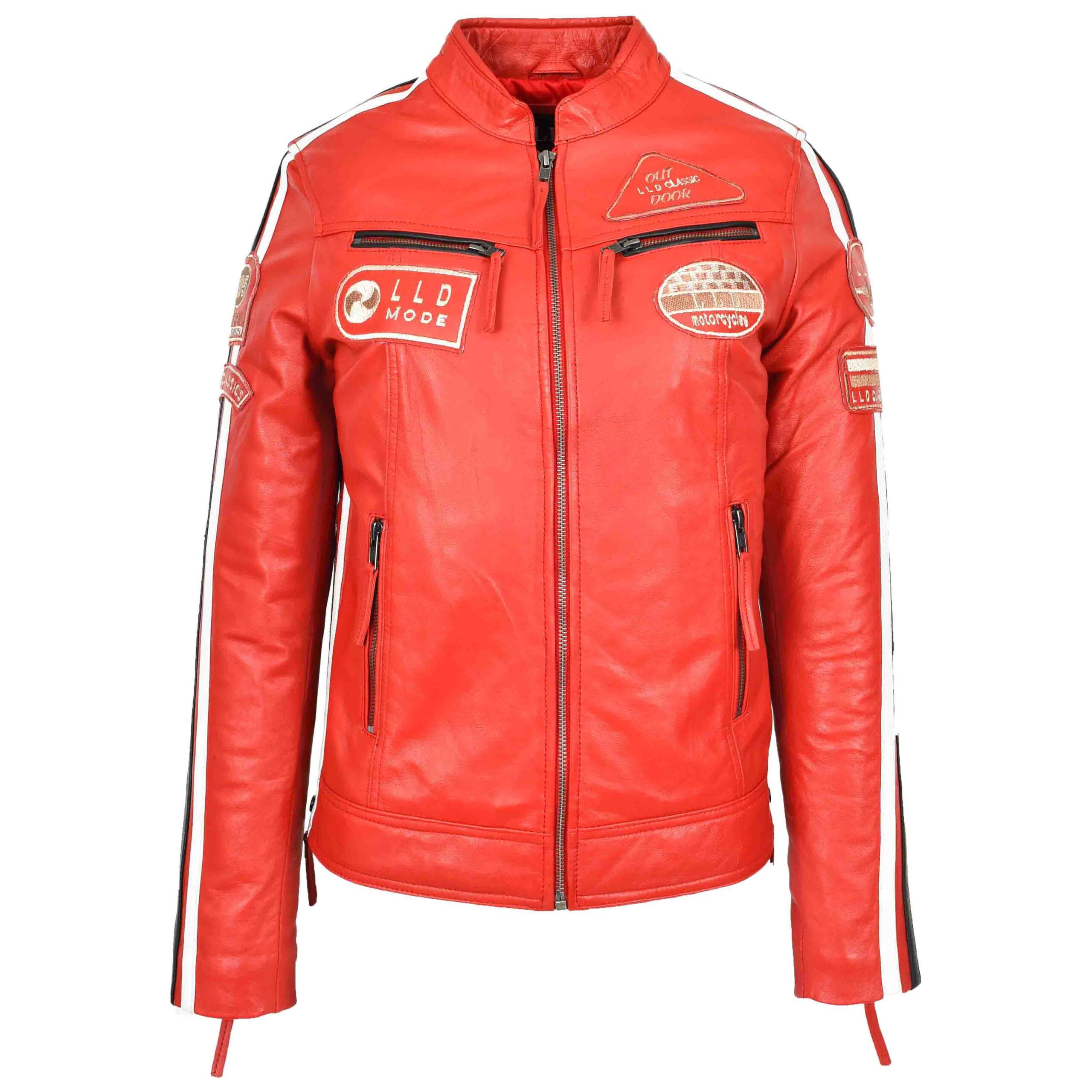 BUNERI Rojo Chaqueta Biker Mujer Cuero Cafe Racer Insignias Moto