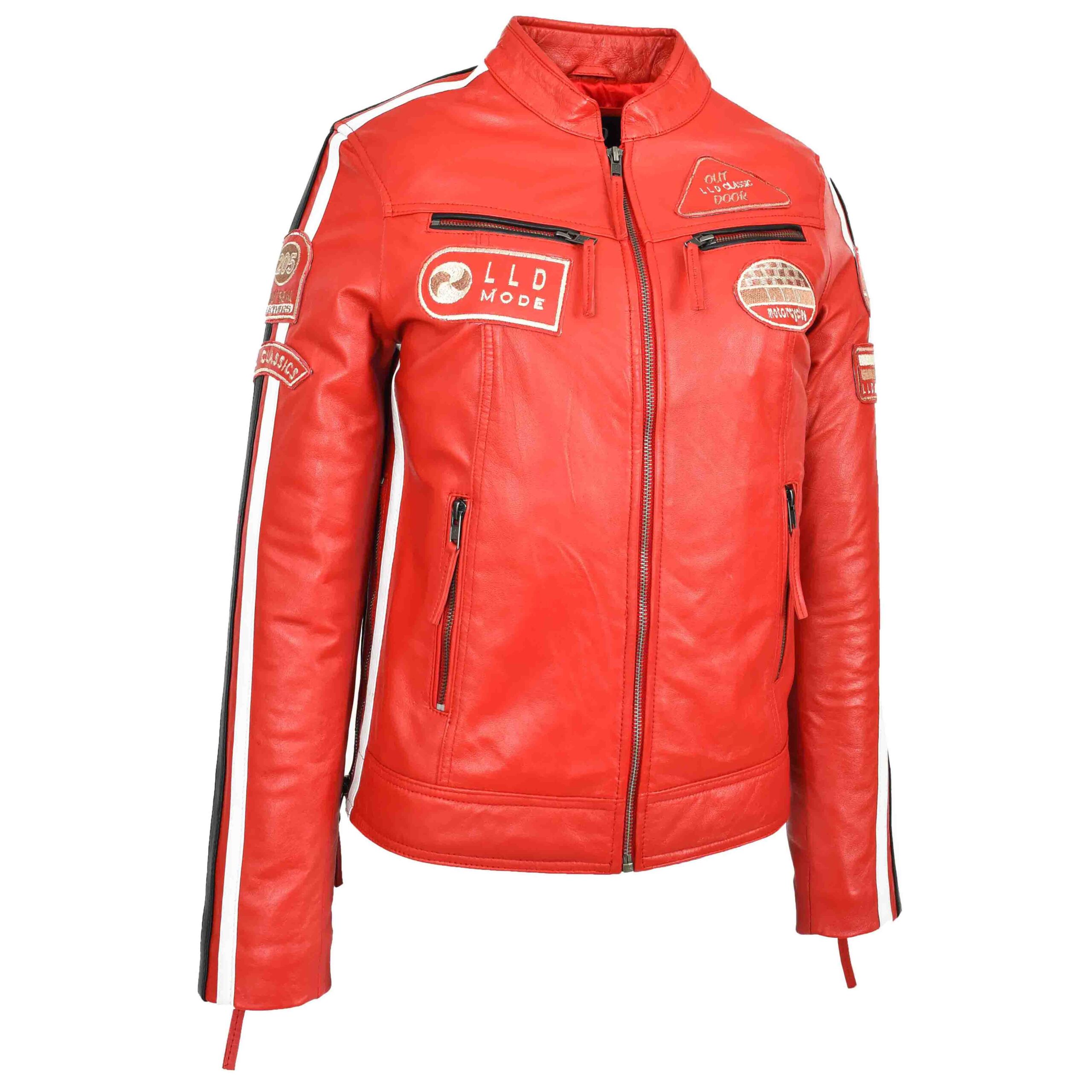 BUNERI Rojo Chaqueta Biker Mujer Cuero Cafe Racer Insignias Moto - Imagen 3