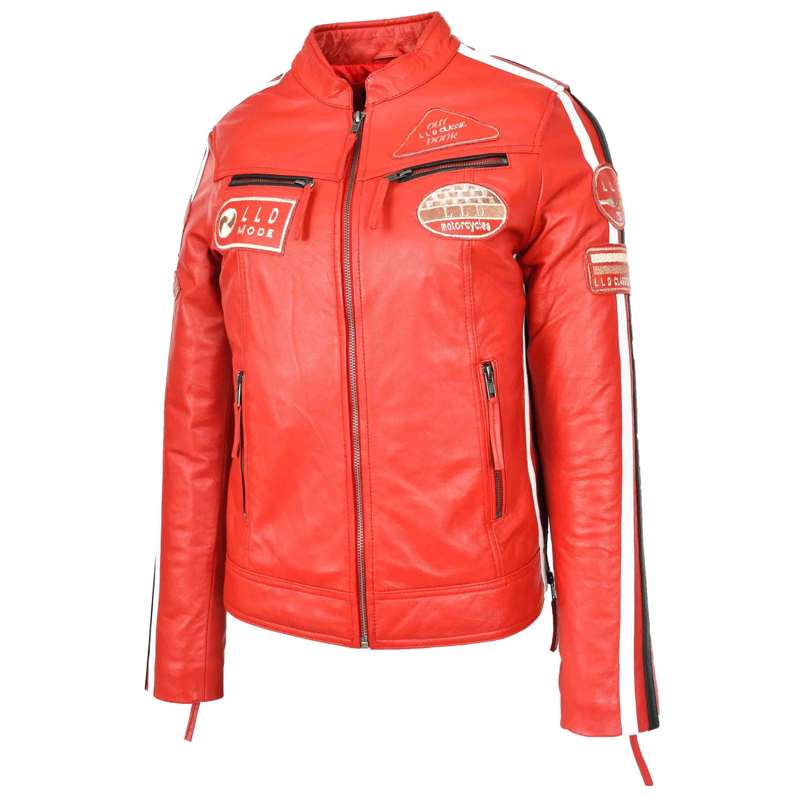 BUNERI Rojo Chaqueta Biker Mujer Cuero Cafe Racer Insignias Moto - Imagen 4