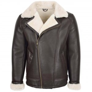 BUNERI Chaqueta Hombre Aviador Piel de Oveja Piloto Marron Blanco