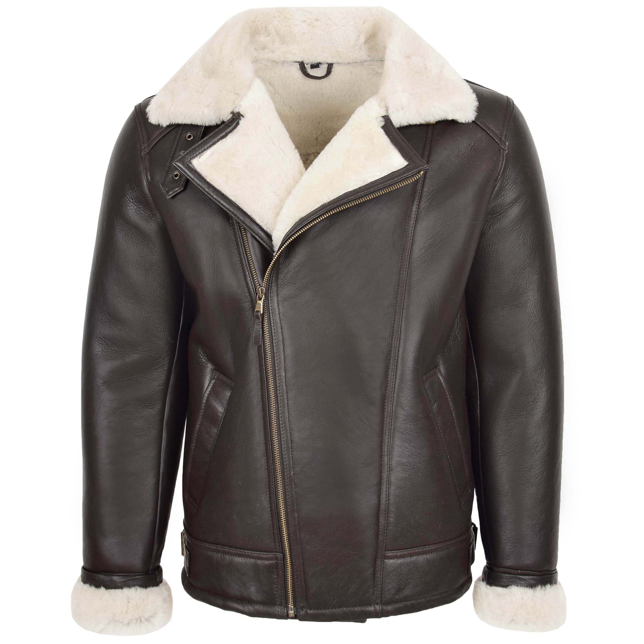 BUNERI Chaqueta Hombre Aviador Piel de Oveja Piloto Marron Blanco