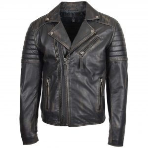 BUNERI Biker Cuero Negro Doble Cremallera Gancho Rub Off Hombre