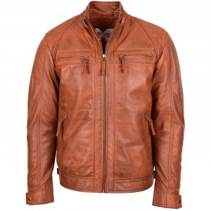 BUNERI Chaqueta Biker Hombre Cuero Cuello Alzado Cognac Tostado
