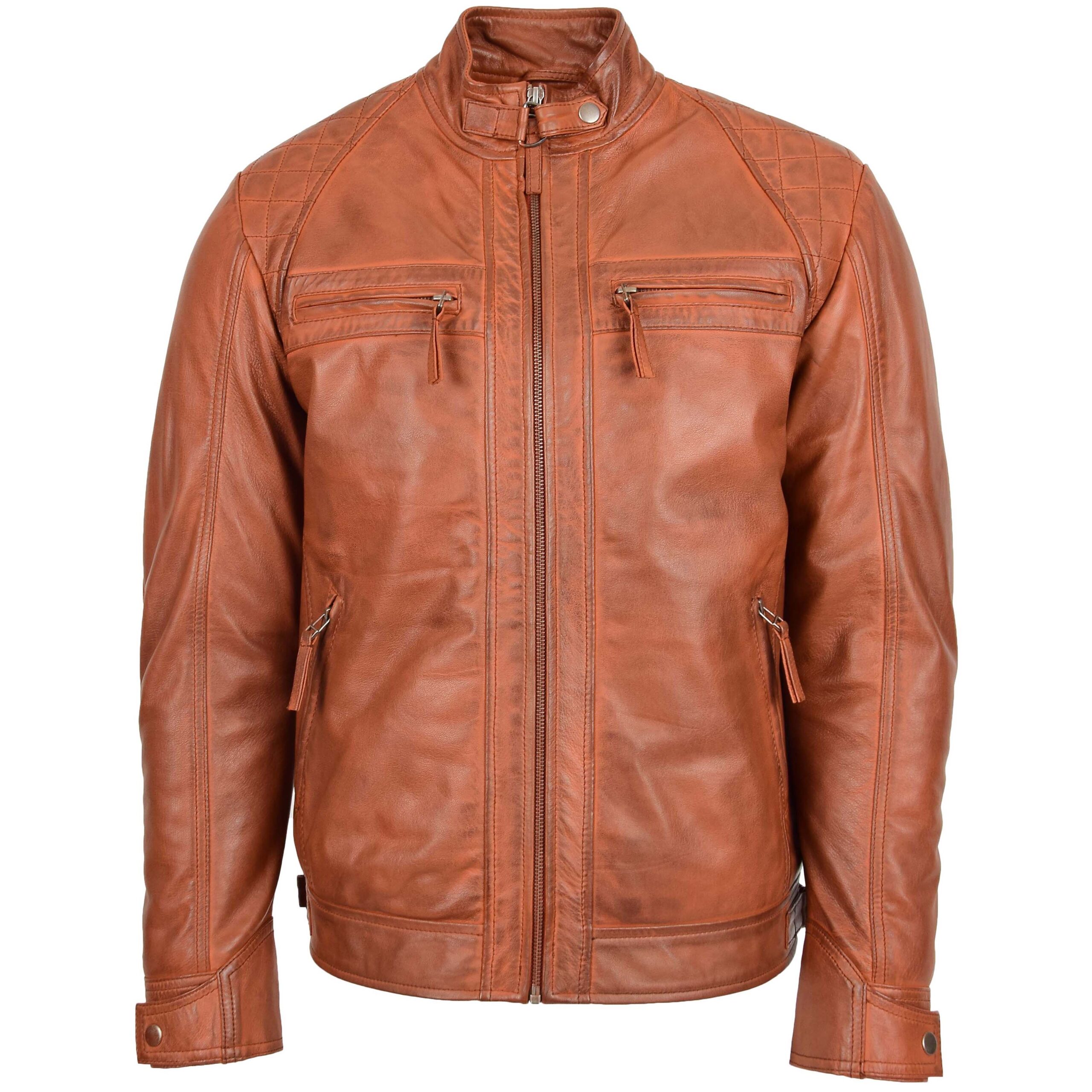 BUNERI Chaqueta Biker Hombre Cuero Cuello Alzado Cognac Tostado - Imagen 3