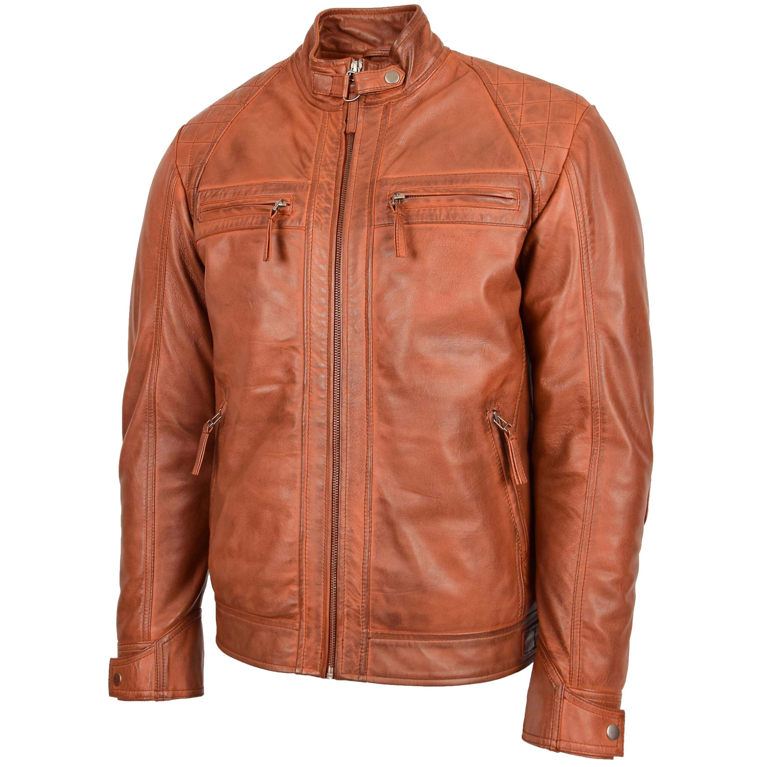 BUNERI Chaqueta Biker Hombre Cuero Cuello Alzado Cognac Tostado - Imagen 4