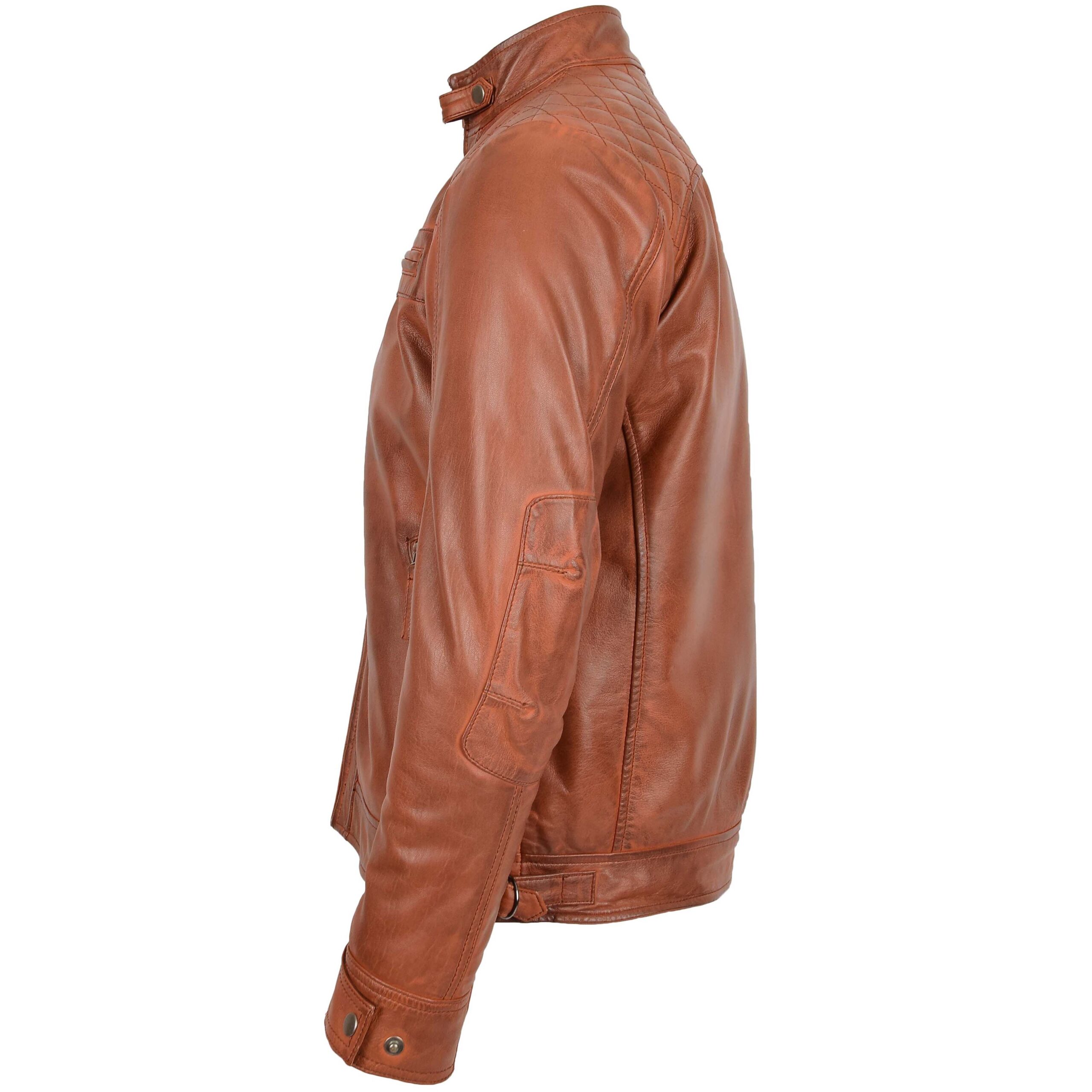 BUNERI Chaqueta Biker Hombre Cuero Cuello Alzado Cognac Tostado - Imagen 5