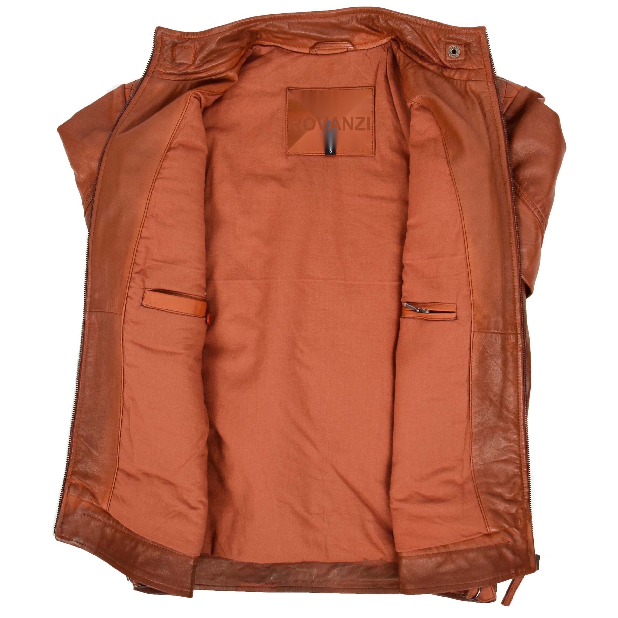 BUNERI Chaqueta Biker Hombre Cuero Cuello Alzado Cognac Tostado - Imagen 6