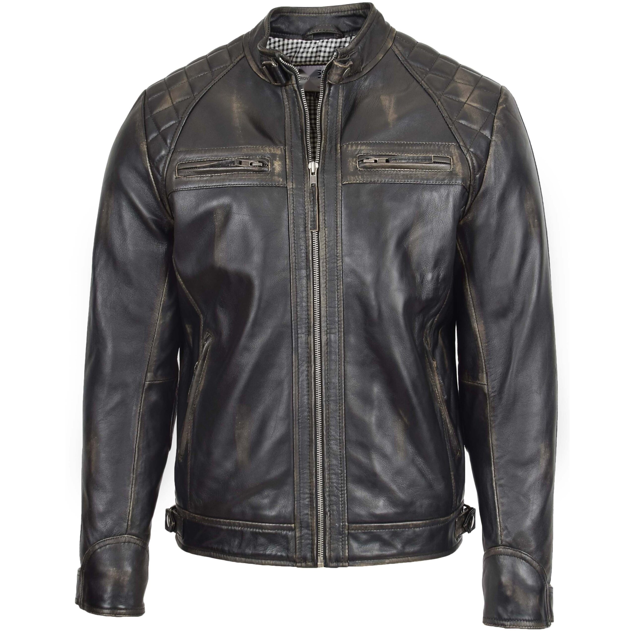 BUNERI Chaqueta Biker de Cuero Rub-Off Vintage para Hombre Cuello Alto