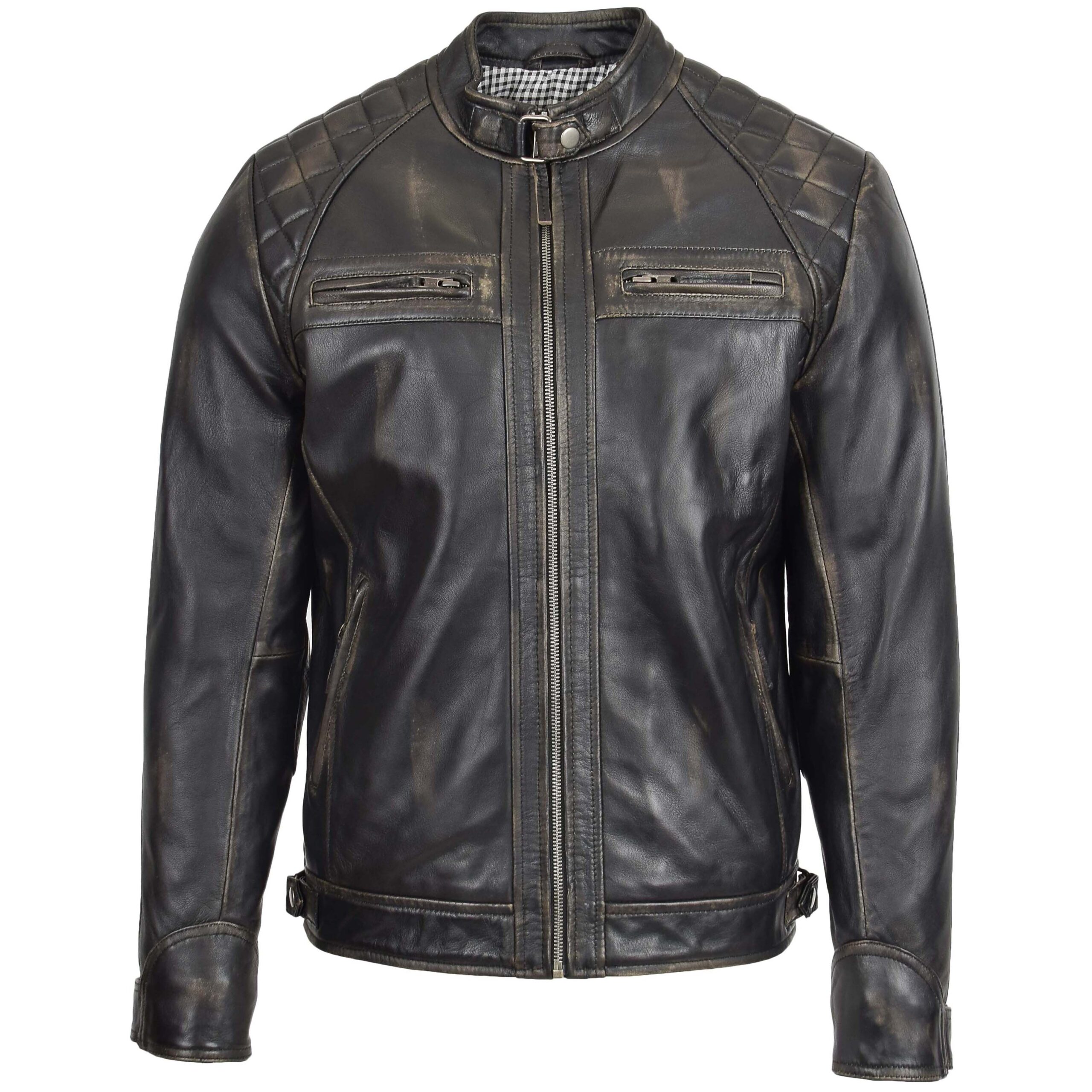 BUNERI Chaqueta Biker de Cuero Rub-Off Vintage para Hombre Cuello Alto - Imagen 3