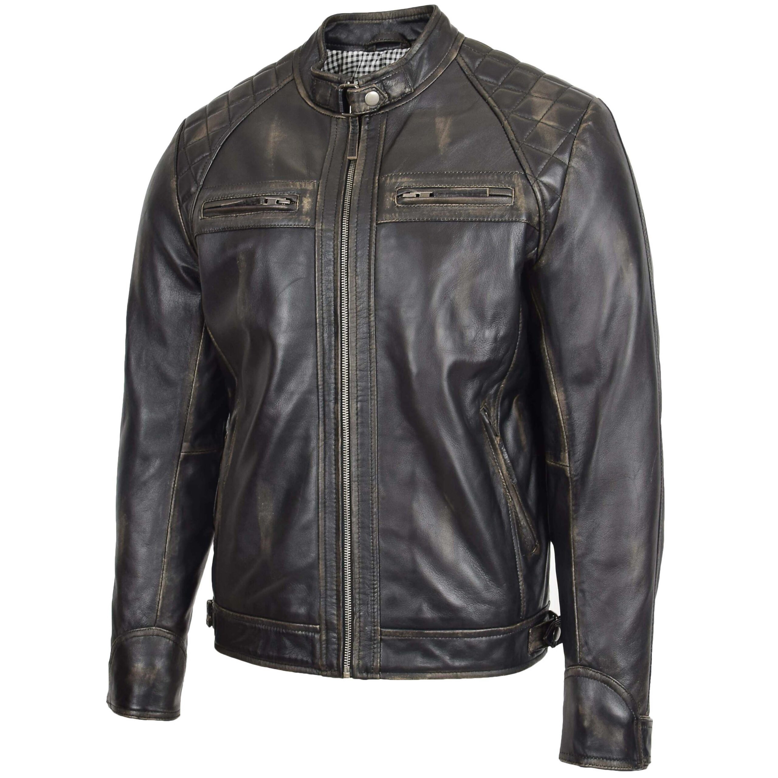 BUNERI Chaqueta Biker de Cuero Rub-Off Vintage para Hombre Cuello Alto - Imagen 4