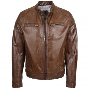 BUNERI Chaqueta Biker de Cuero Suave Marrón Casual para Hombre