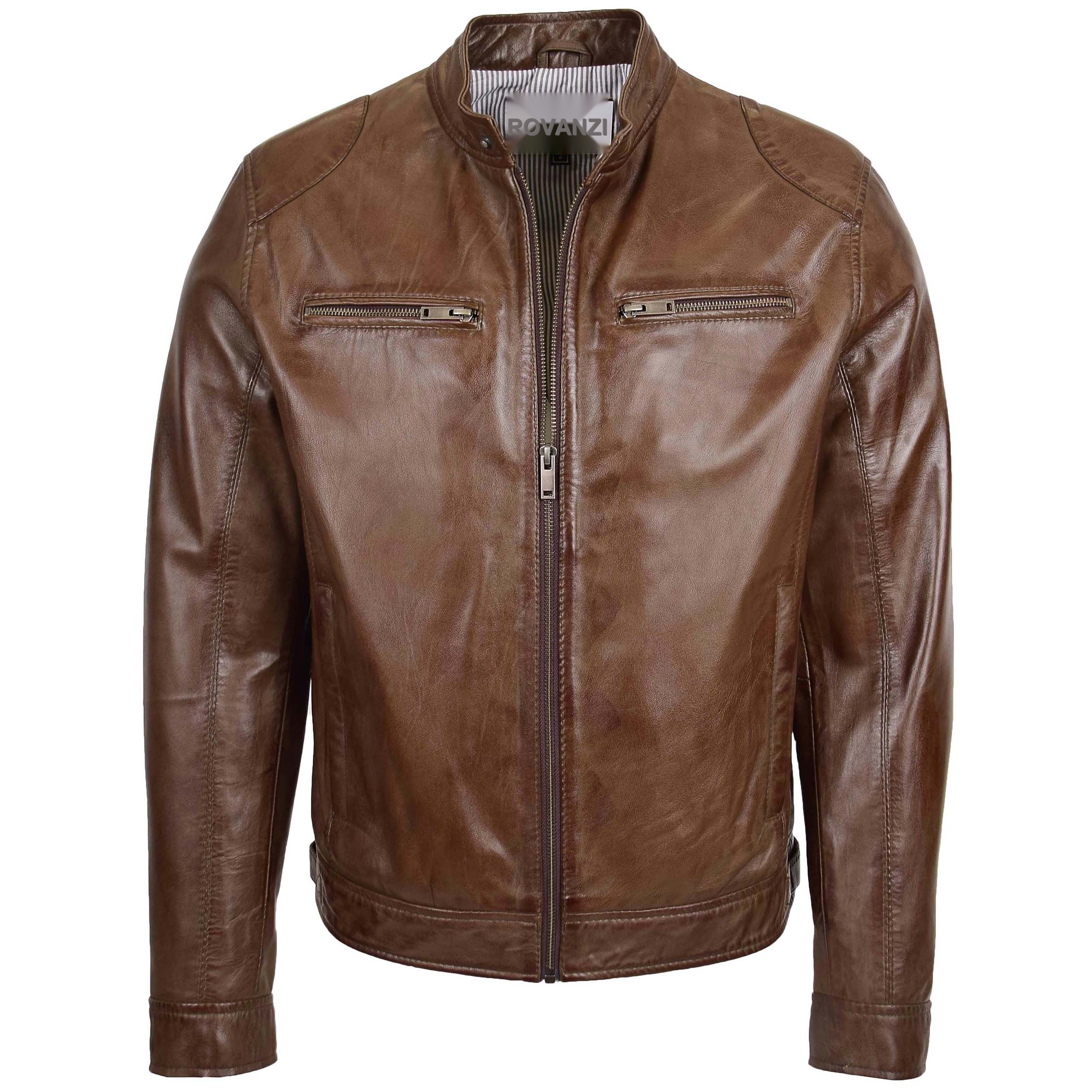 BUNERI Chaqueta Biker de Cuero Suave Marrón Casual para Hombre