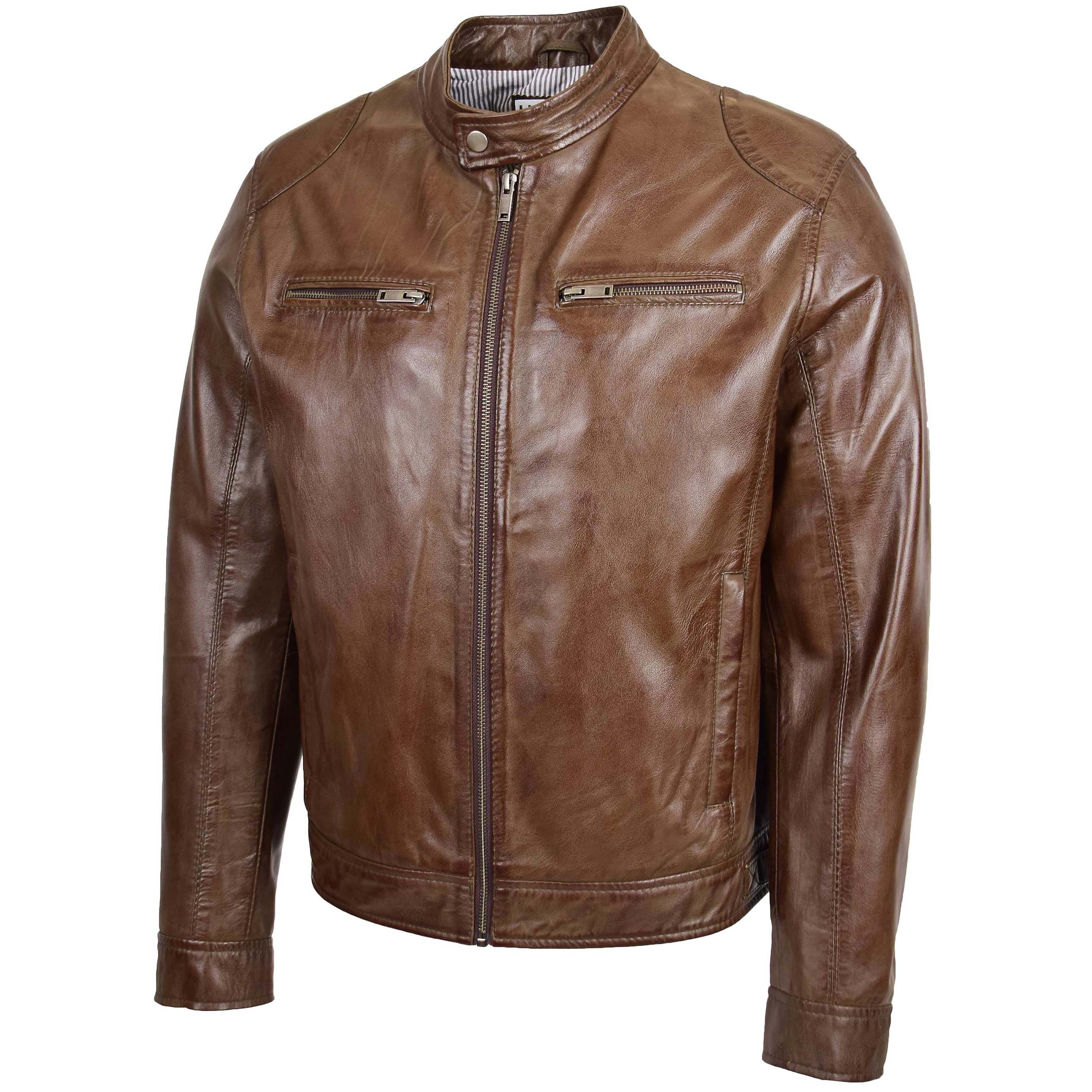 BUNERI Chaqueta Biker de Cuero Suave Marrón Casual para Hombre - Imagen 4
