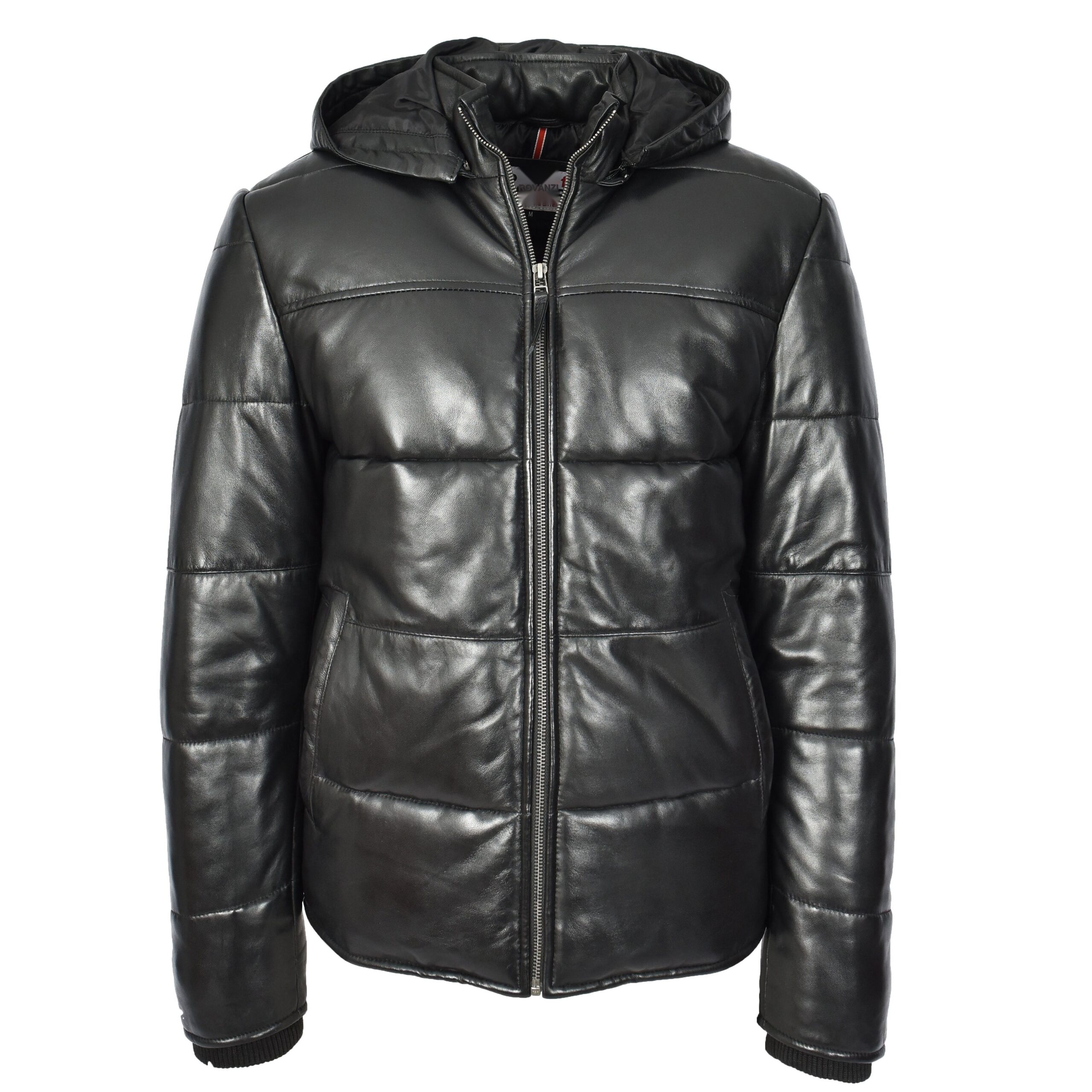 BUNERI Chaqueta Puffer de Cuero Negro para Hombre con Capucha Desmontable