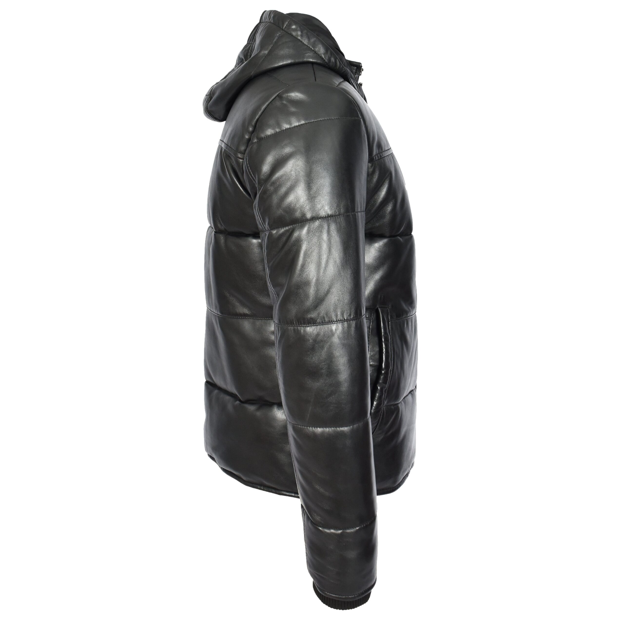BUNERI Chaqueta Puffer de Cuero Negro para Hombre con Capucha Desmontable - Imagen 3