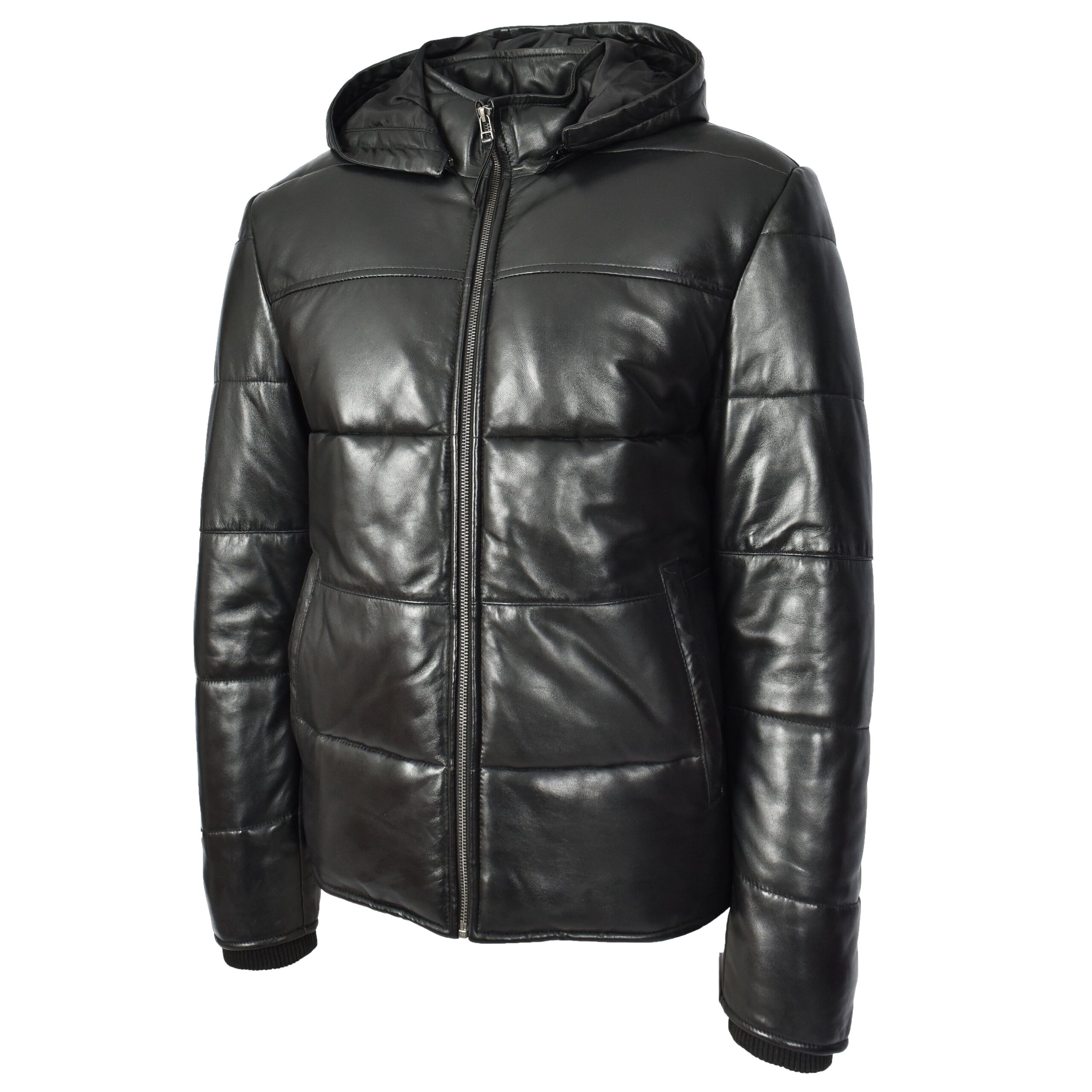 BUNERI Chaqueta Puffer de Cuero Negro para Hombre con Capucha Desmontable - Imagen 4