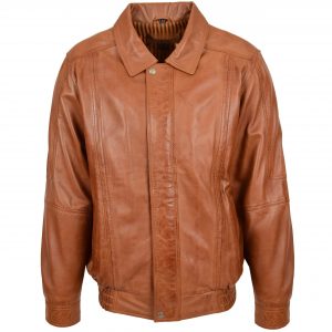 BUNERI Cazadora Bomber Hombre Cuero Estilo Clasico Tostado