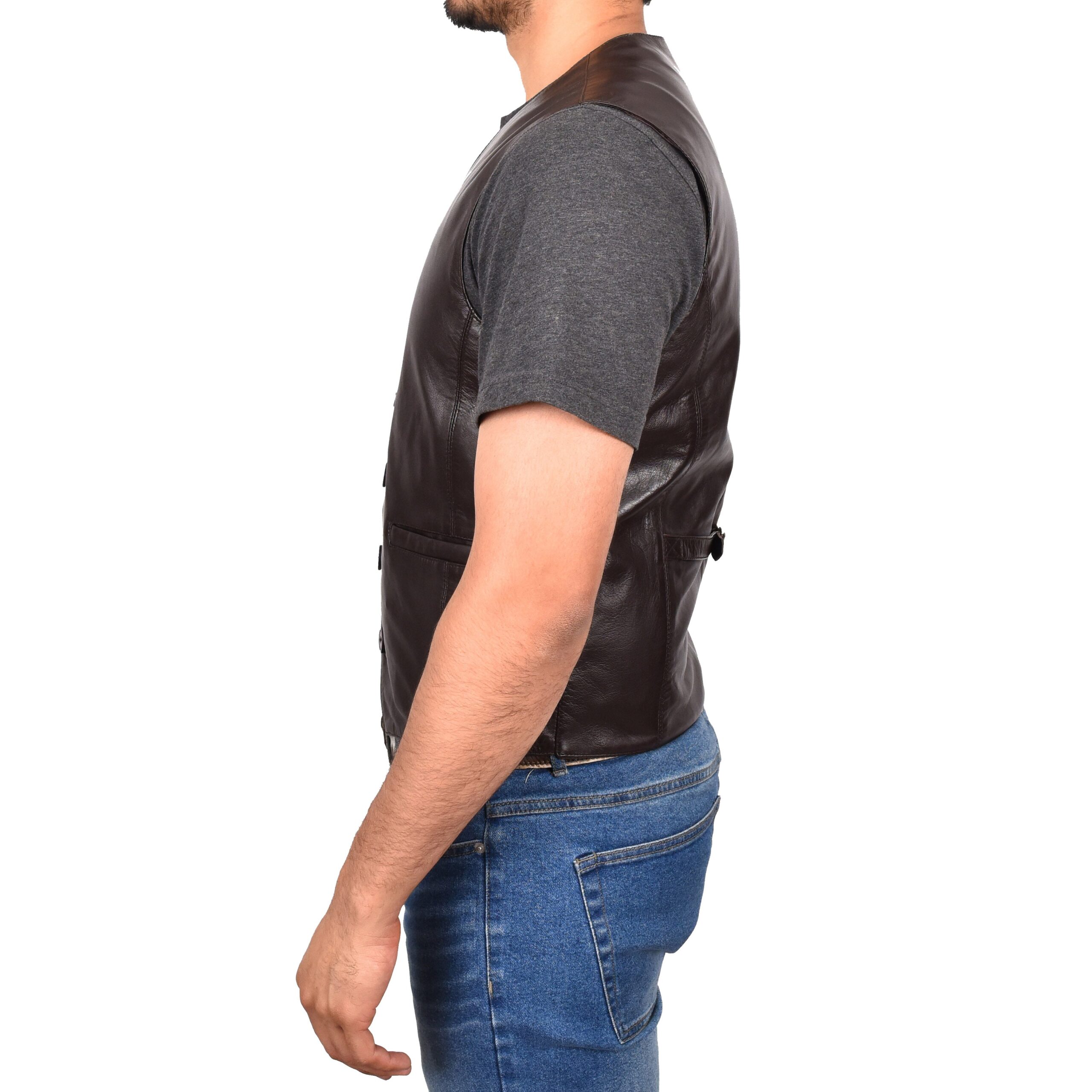BUNERI Chaleco de Cuero Marrón para Hombre con Botonadura - Imagen 3