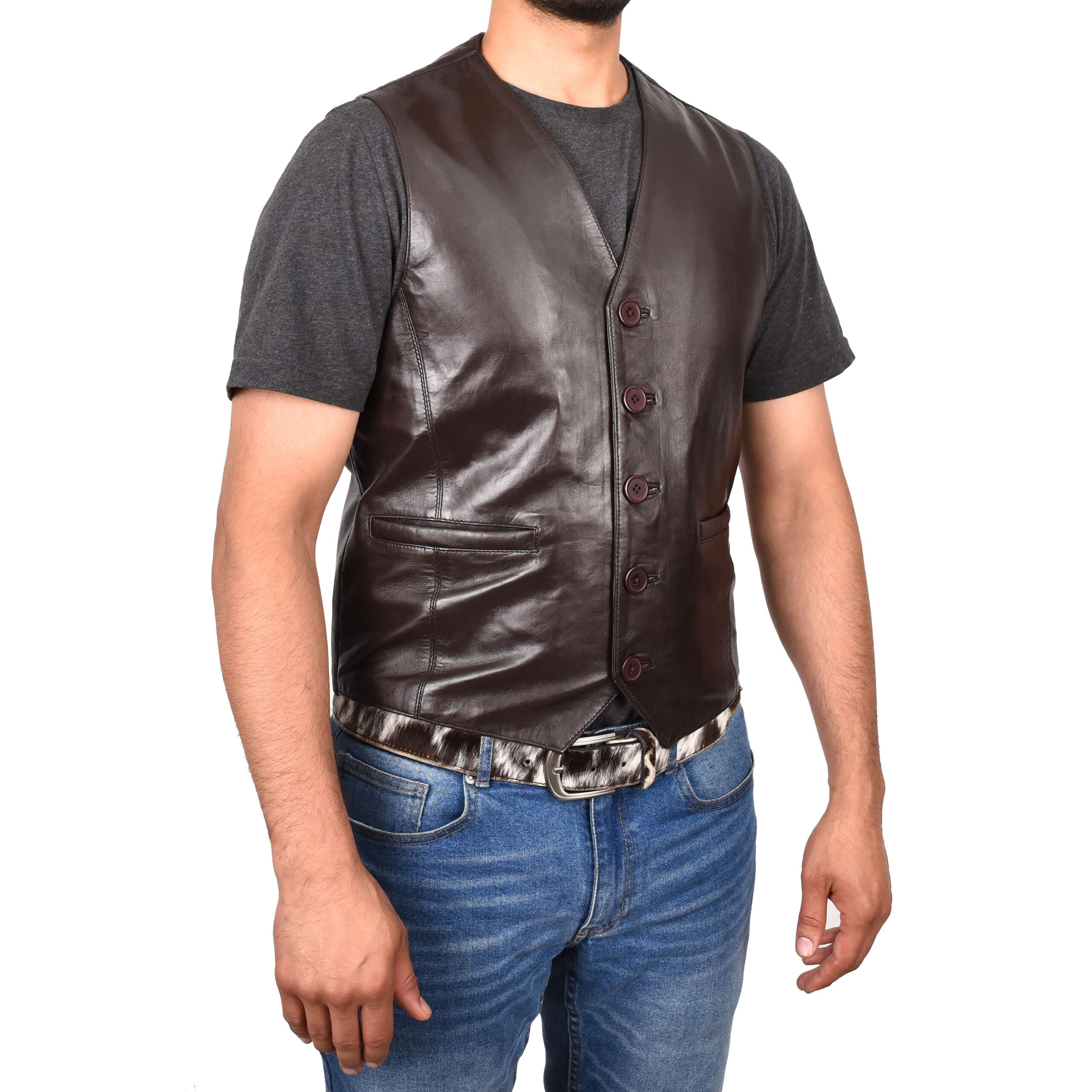 BUNERI Chaleco de Cuero Marrón para Hombre con Botonadura - Imagen 4