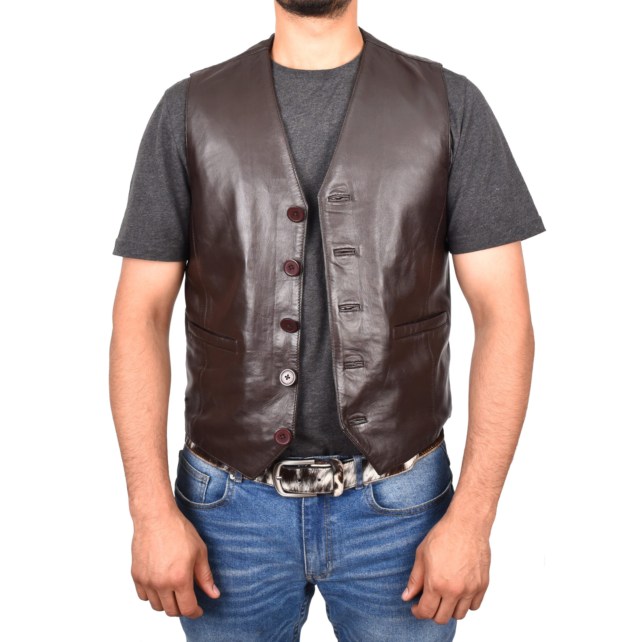 BUNERI Chaleco de Cuero Marrón para Hombre con Botonadura - Imagen 5