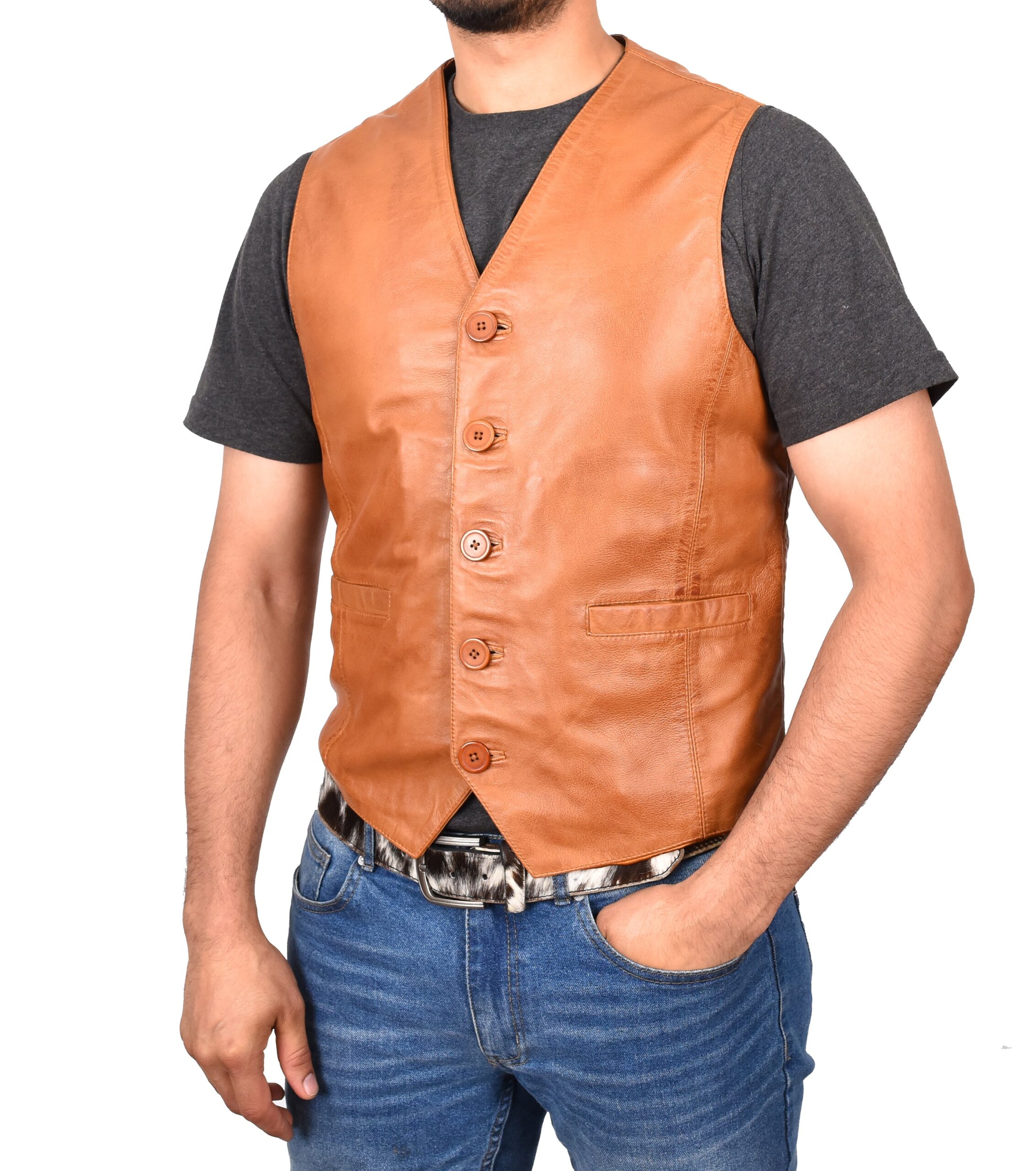 BUNERI Chaleco de Cuero Tan para Hombre con Botonadura