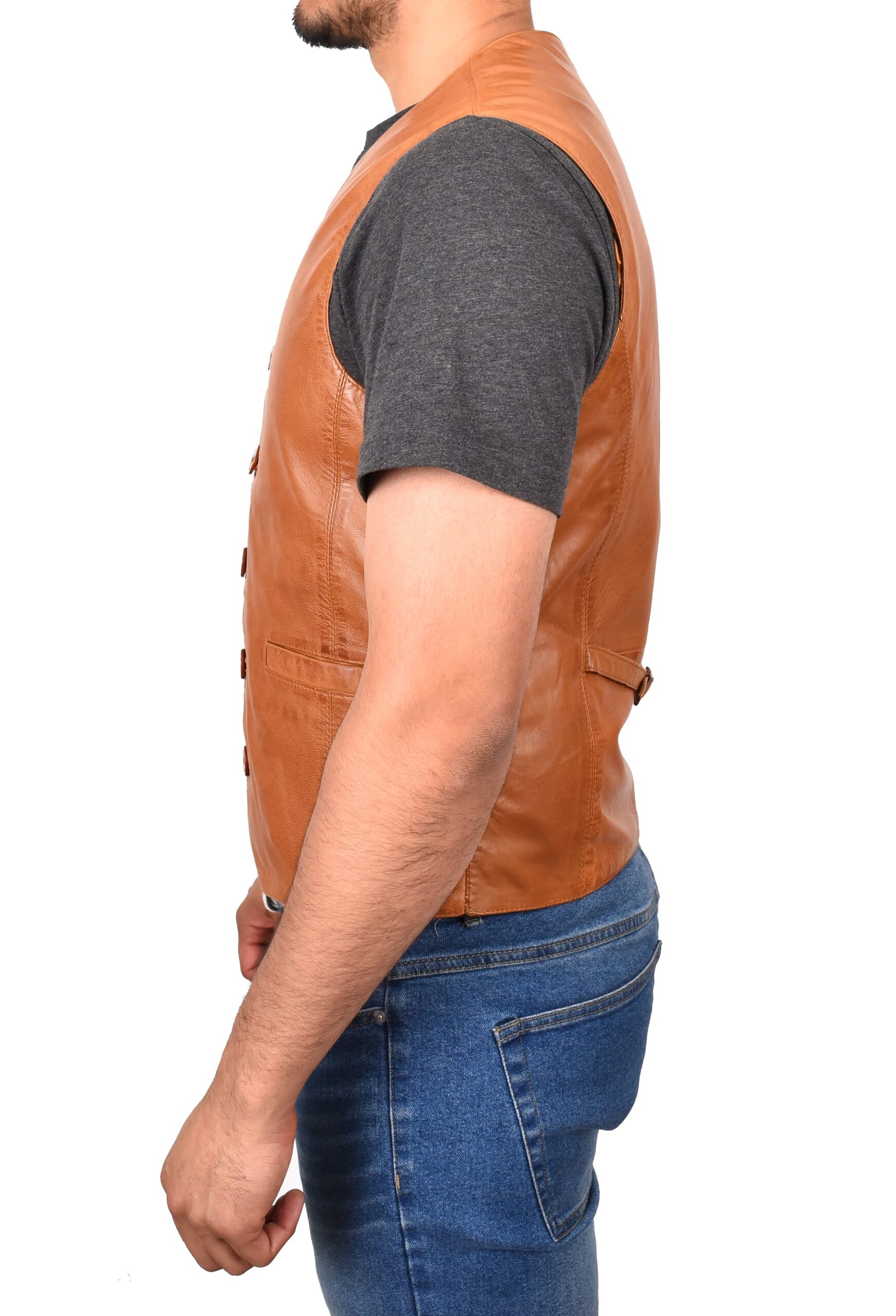 BUNERI Chaleco de Cuero Tan para Hombre con Botonadura - Imagen 3
