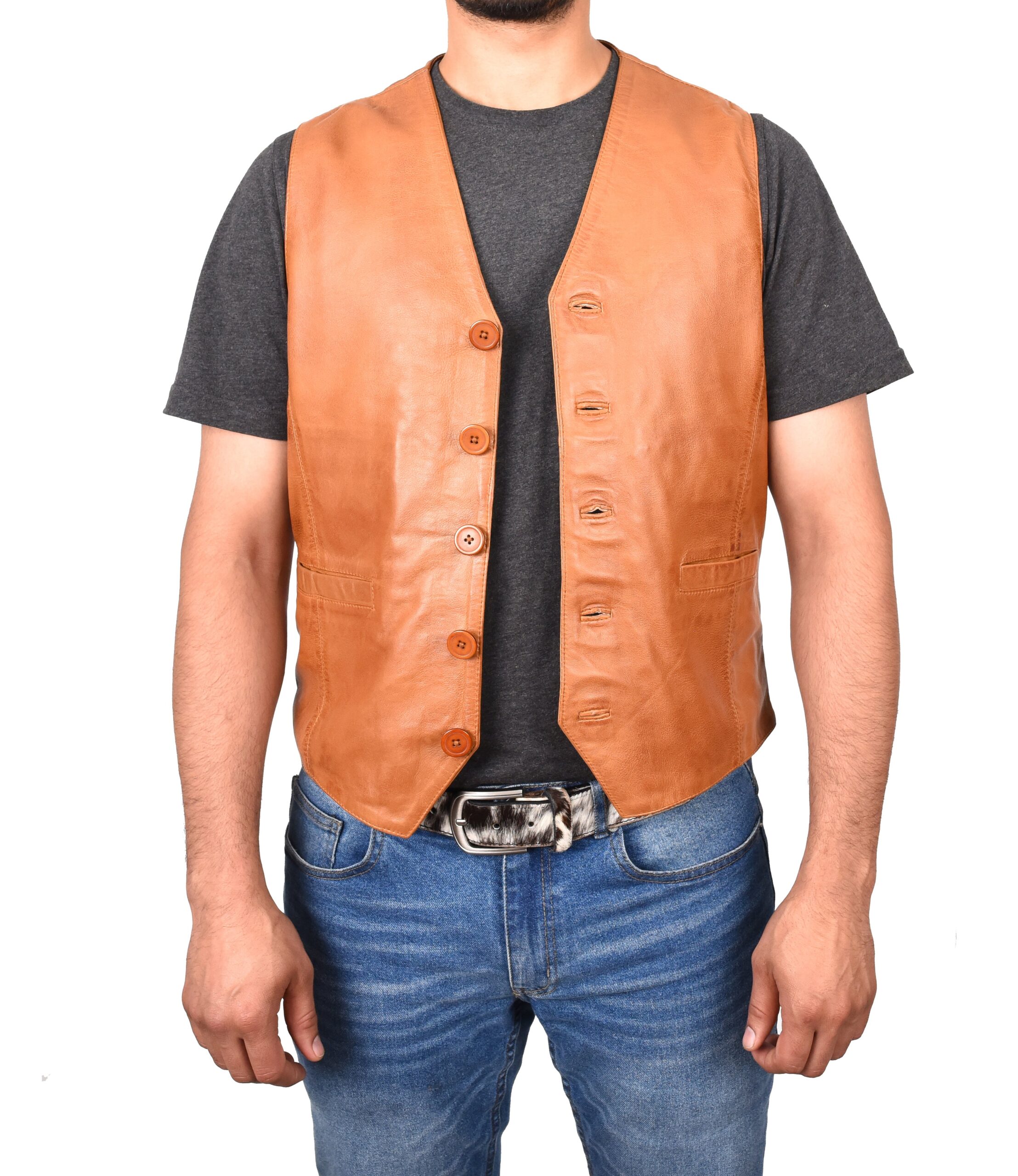 BUNERI Chaleco de Cuero Tan para Hombre con Botonadura - Imagen 4