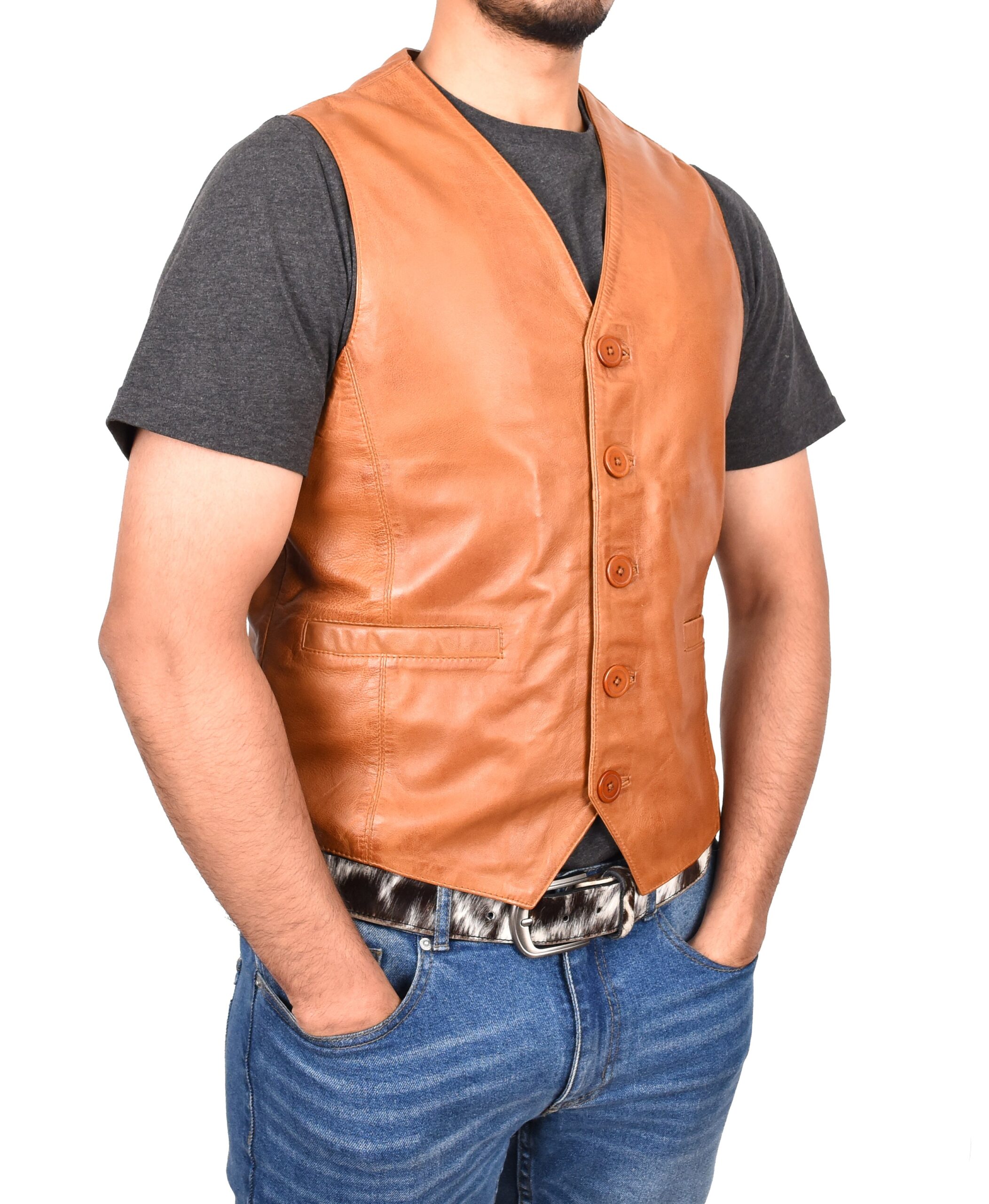 BUNERI Chaleco de Cuero Tan para Hombre con Botonadura - Imagen 5