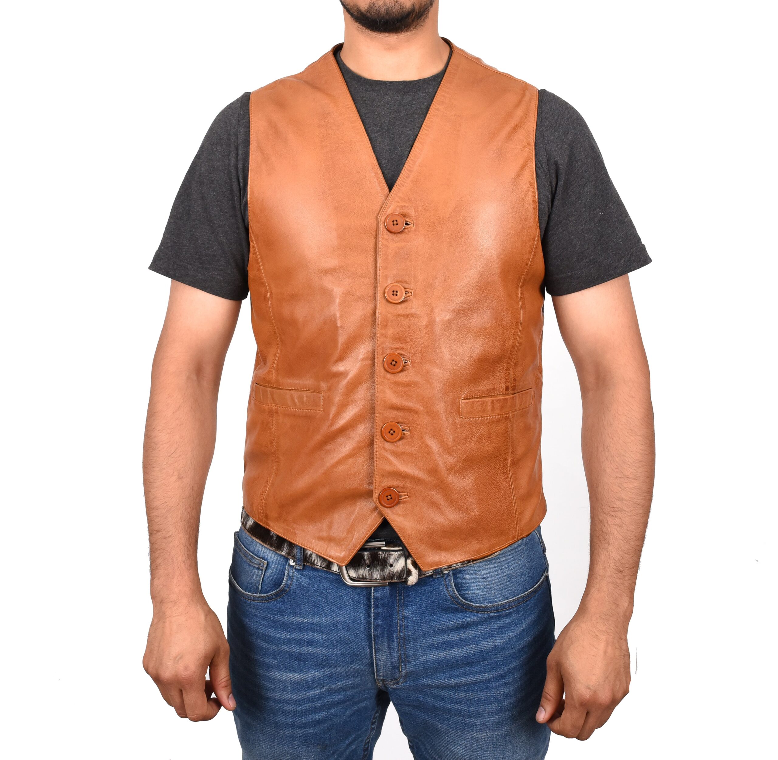 BUNERI Chaleco de Cuero Tan para Hombre con Botonadura - Imagen 6
