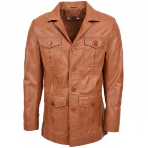 BUNERI Chaqueta Reefer de Cuero Tan para Hombre con Botonadura