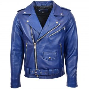 BUNERI Cazadora Biker de Cuero Pesado Azul para Hombre
