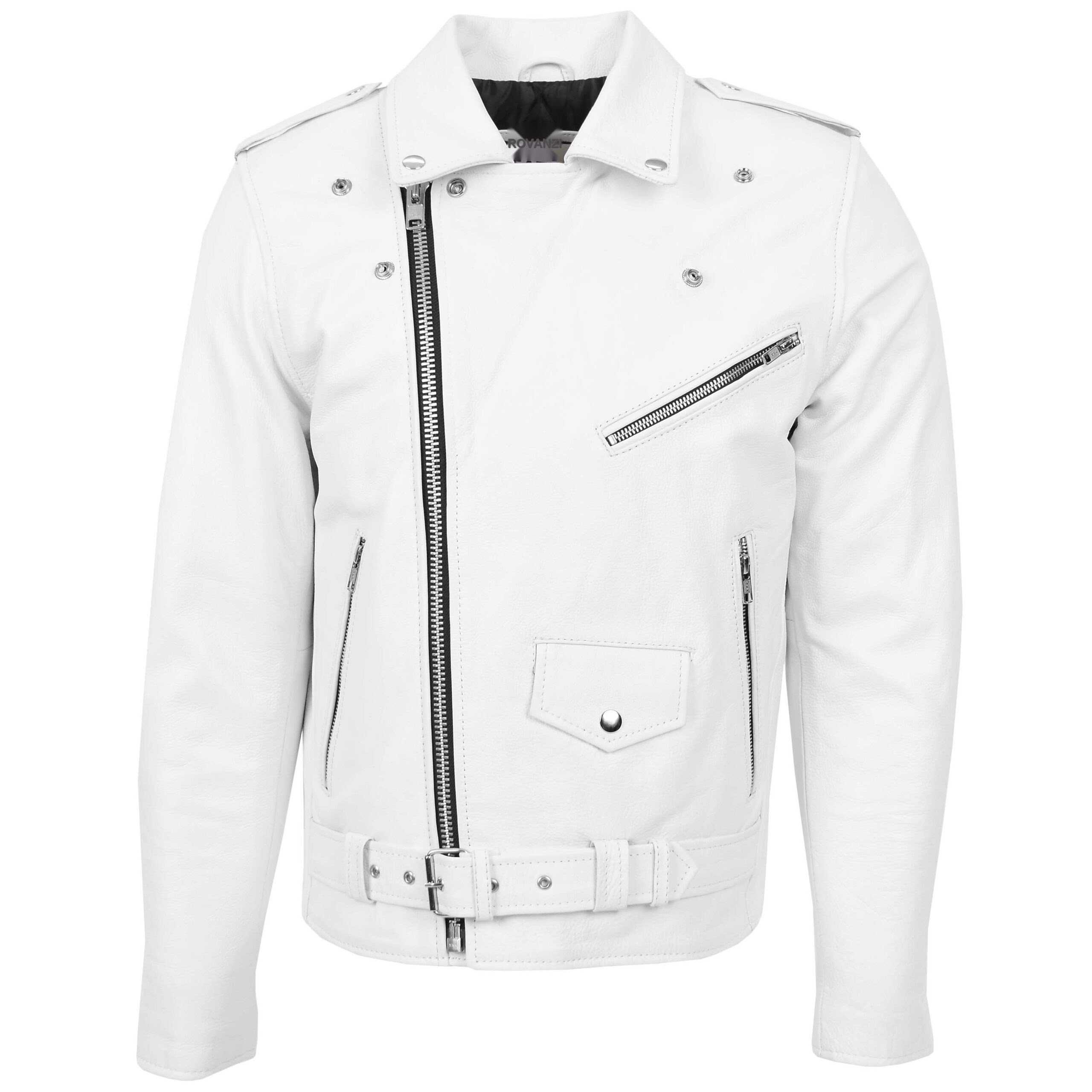 BUNERI Chaqueta Biker de Cuero Blanco Resistente Estilo Brando para Hombre - Imagen 3