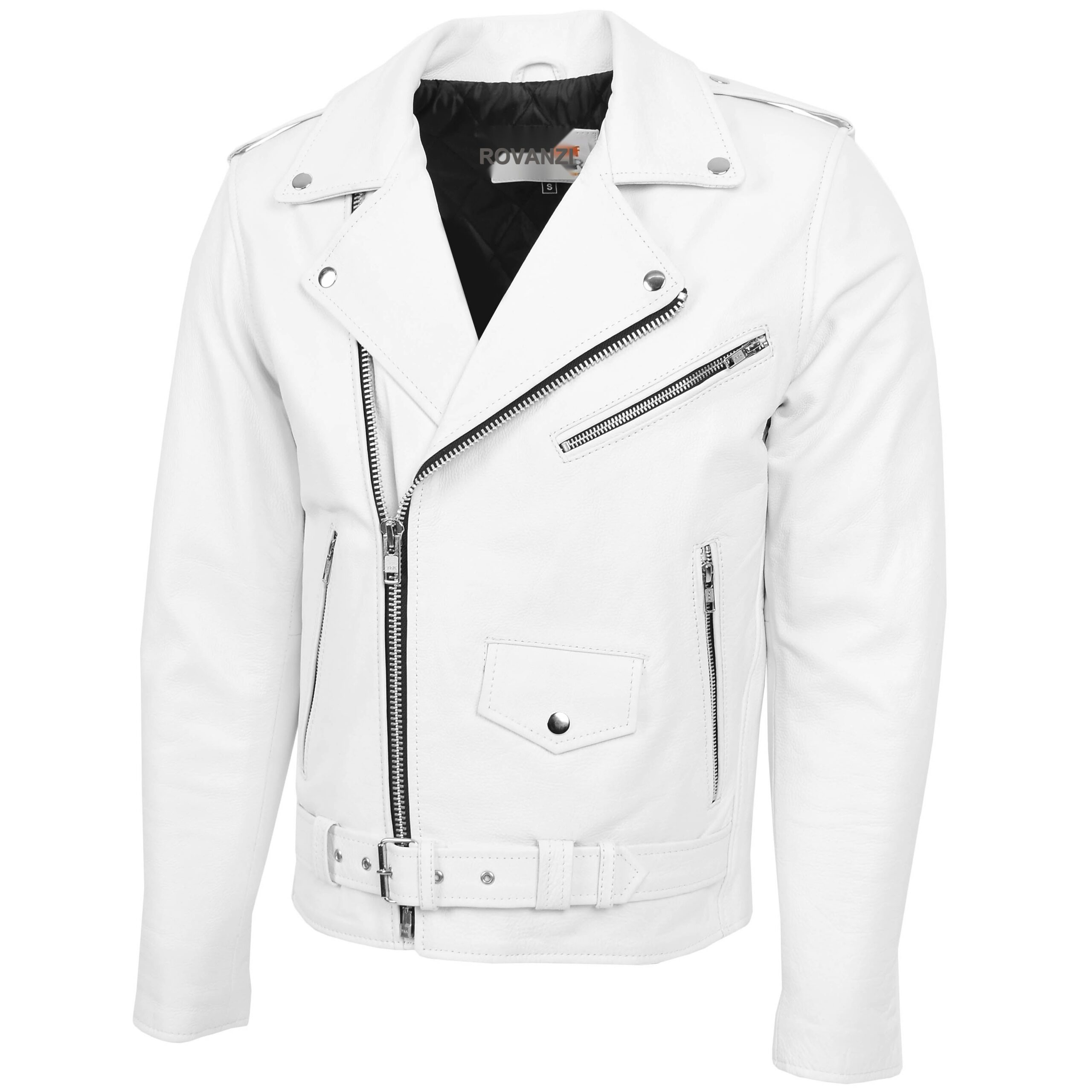 BUNERI Chaqueta Biker de Cuero Blanco Resistente Estilo Brando para Hombre - Imagen 4