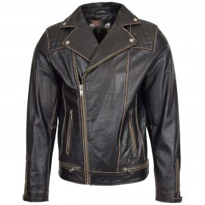BUNERI Chaqueta Biker de Cuero Diseño Brando para Hombre Negro Vintage