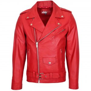 BUNERI Chaqueta Biker de Cuero Estilo Brando para Hombre Rojo
