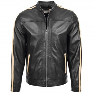 BUNERI Chaqueta Biker de Cuero Negro para Hombre con Rayas de Carrera