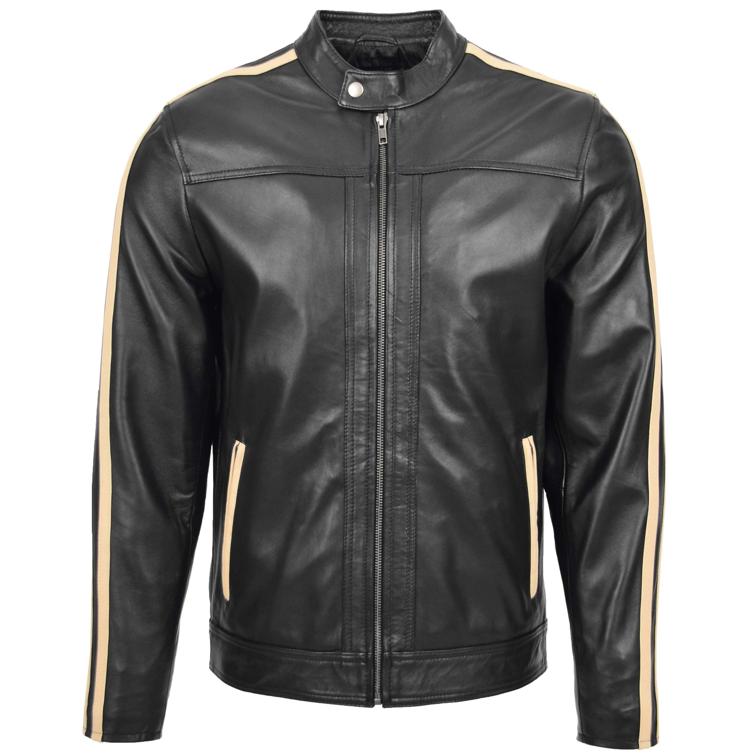 BUNERI Chaqueta Biker de Cuero Negro para Hombre con Rayas de Carrera - Imagen 3