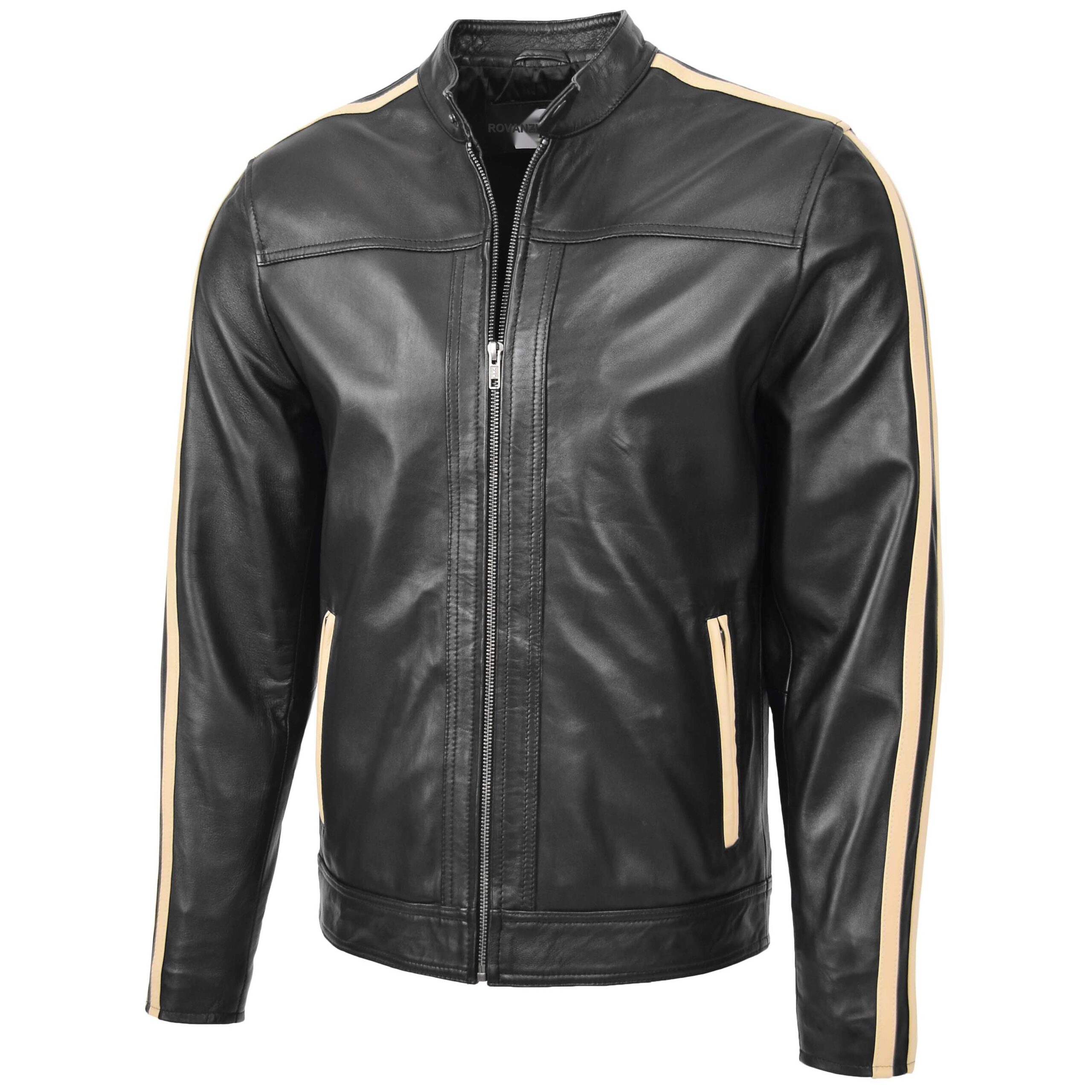 BUNERI Chaqueta Biker de Cuero Negro para Hombre con Rayas de Carrera - Imagen 4
