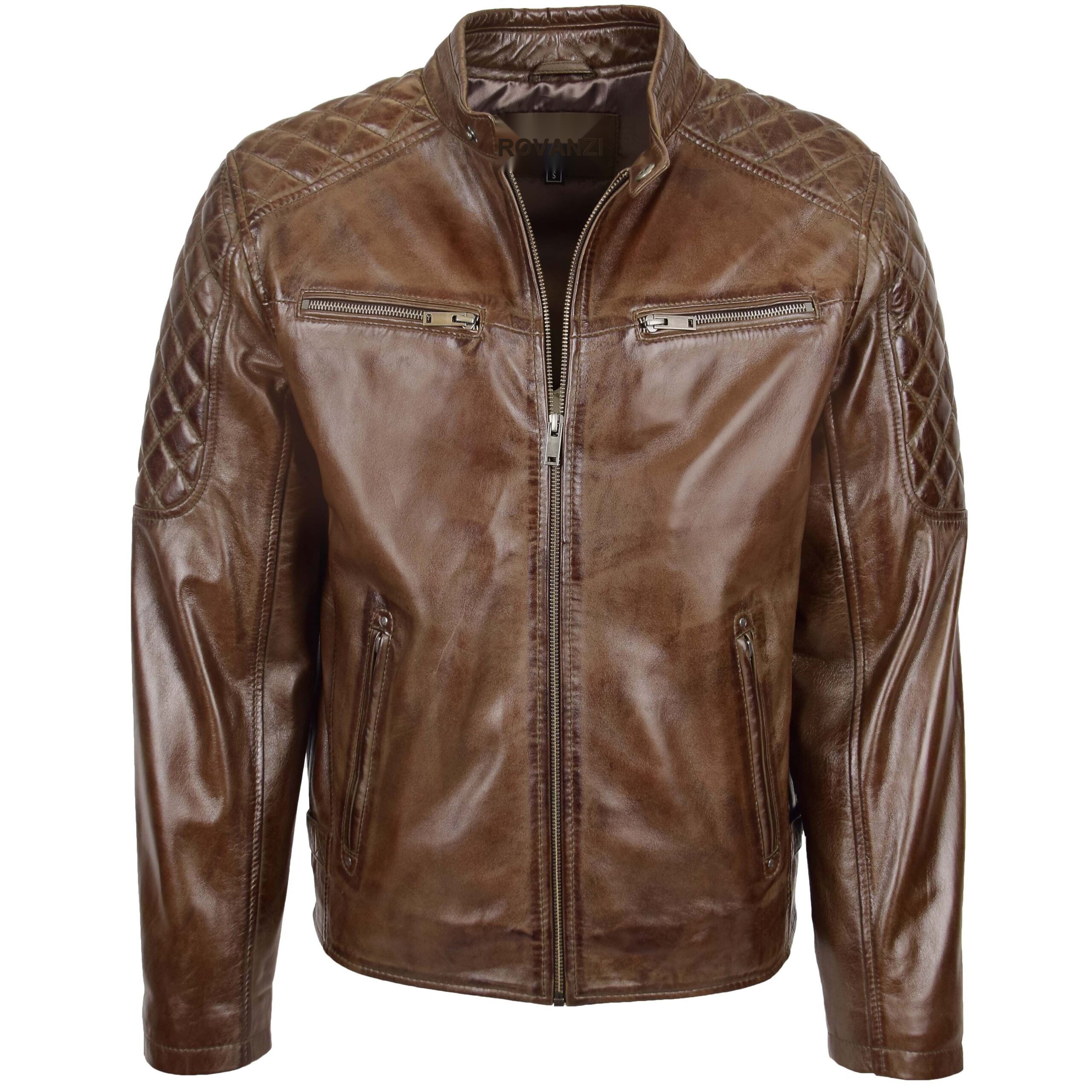 BUNERI Chaqueta Biker de Cuero Marrón Timber para Hombre con Acolchado
