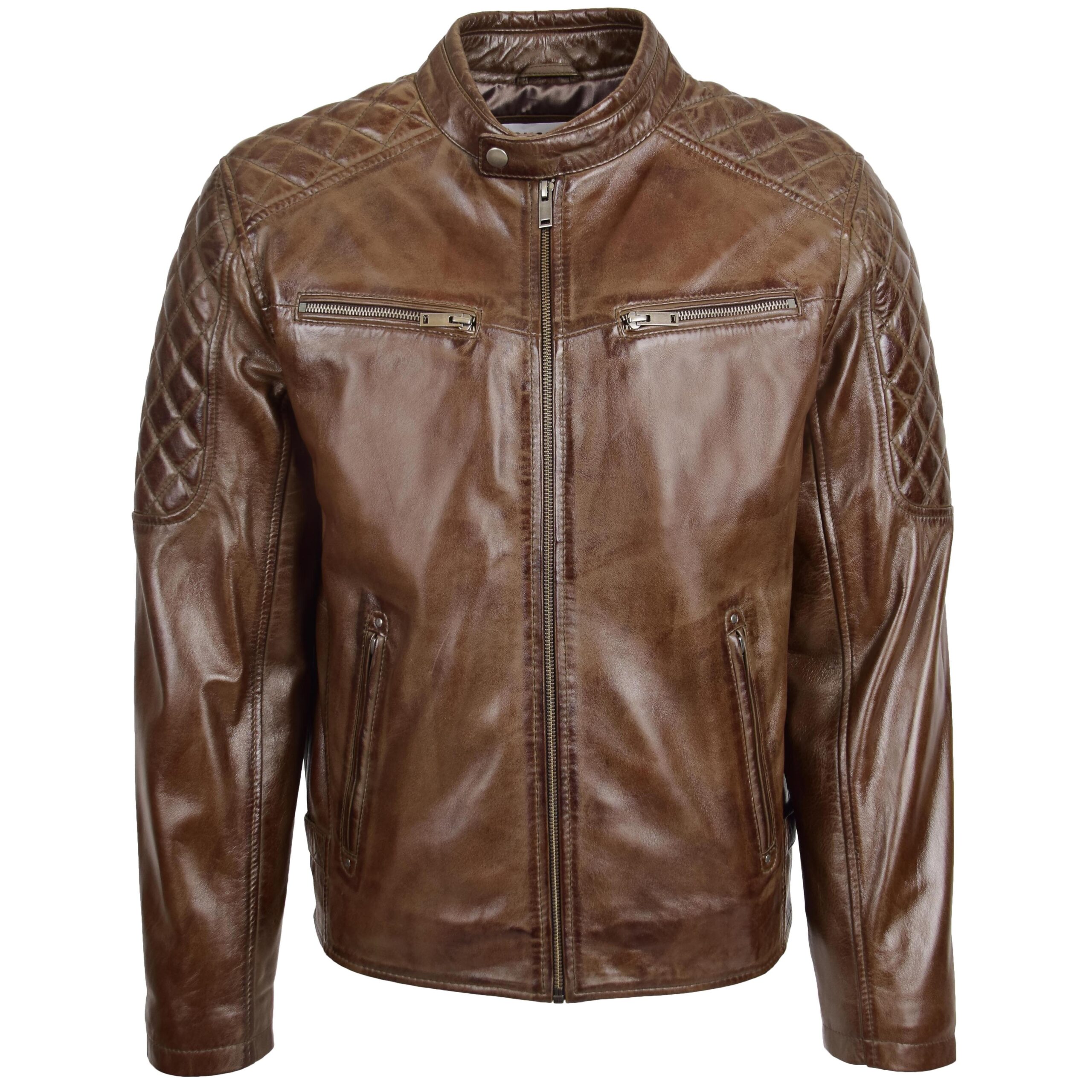 BUNERI Chaqueta Biker de Cuero Marrón Timber para Hombre con Acolchado - Imagen 3
