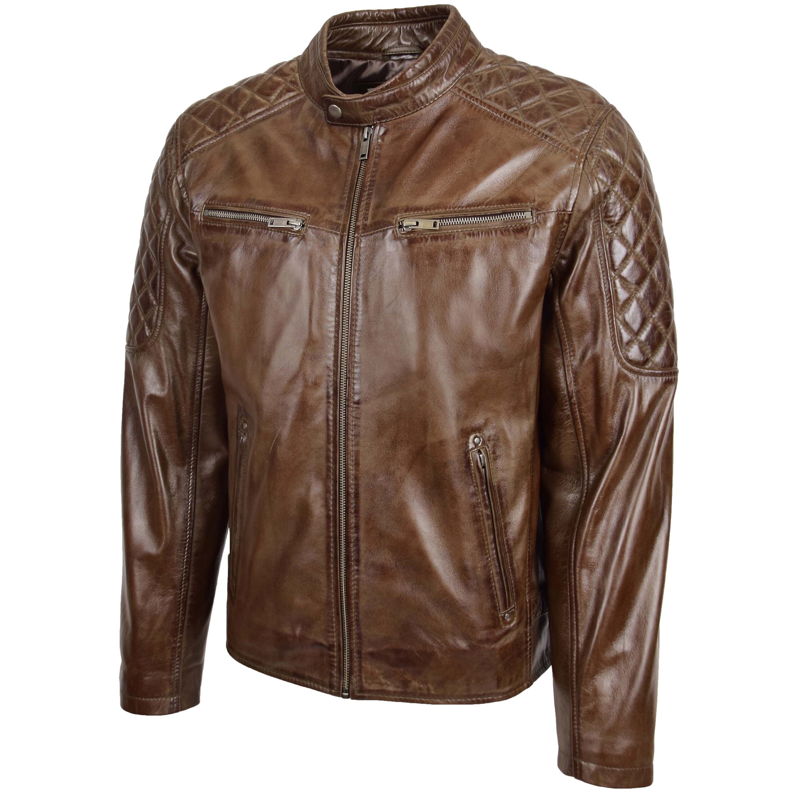 BUNERI Chaqueta Biker de Cuero Marrón Timber para Hombre con Acolchado - Imagen 4