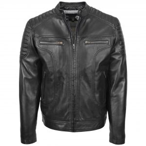 BUNERI Chaqueta Biker de Cuero Style Zip para Hombre Negro