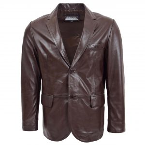 BUNERI Blazer de Cuero Marrón para Hombre de Dos Botones