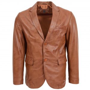 BUNERI Blazer de Cuero Tan para Hombre de Dos Botones