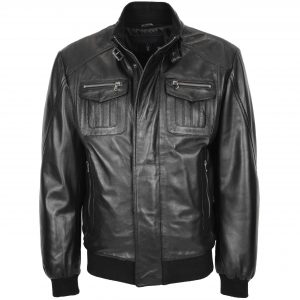 BUNERI Chaqueta Hombre Cuero Bomber Cazadora de Vuelo Negro