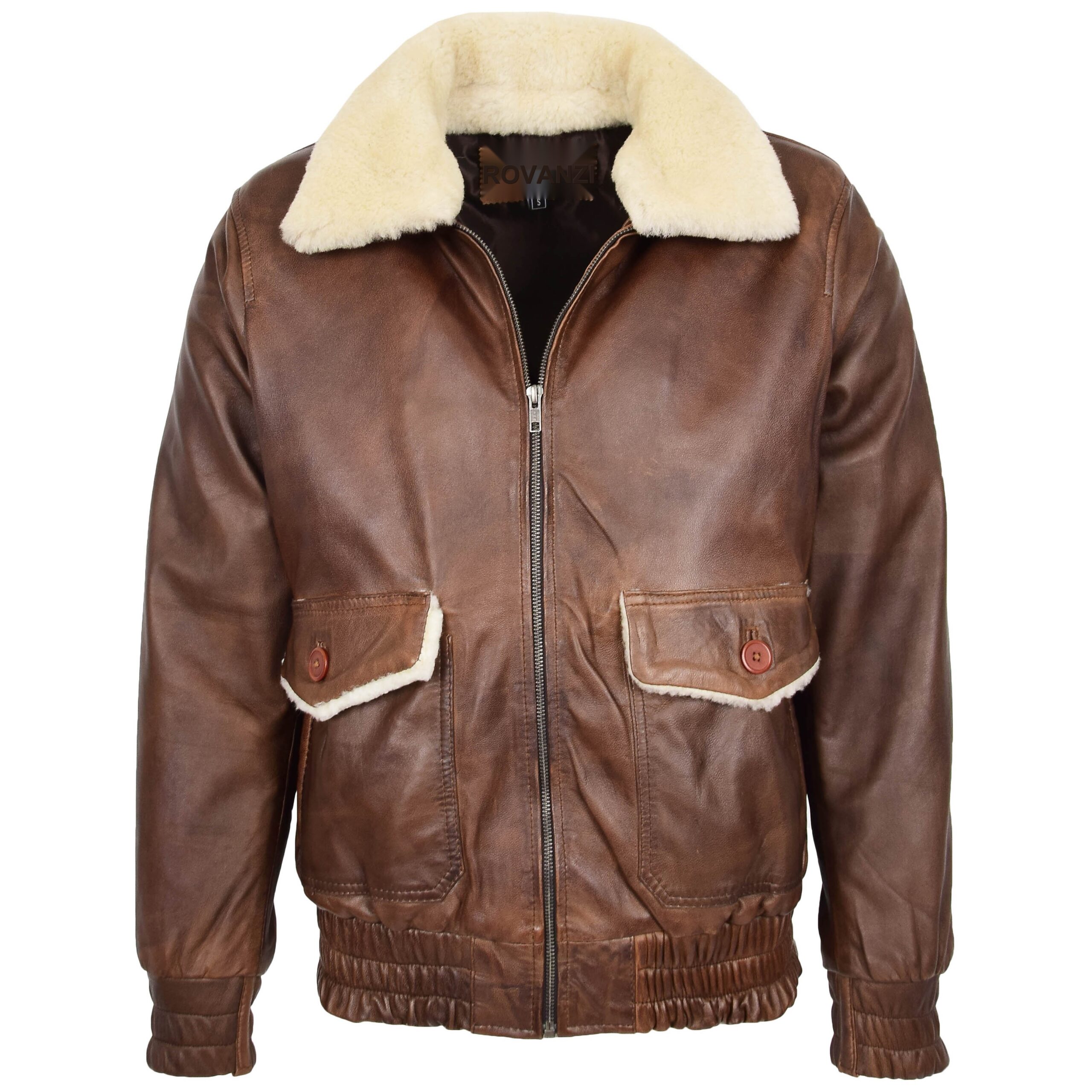 BUNERI Chaqueta Hombre Cuero Bomber Estilo G-1 Aviador Marron