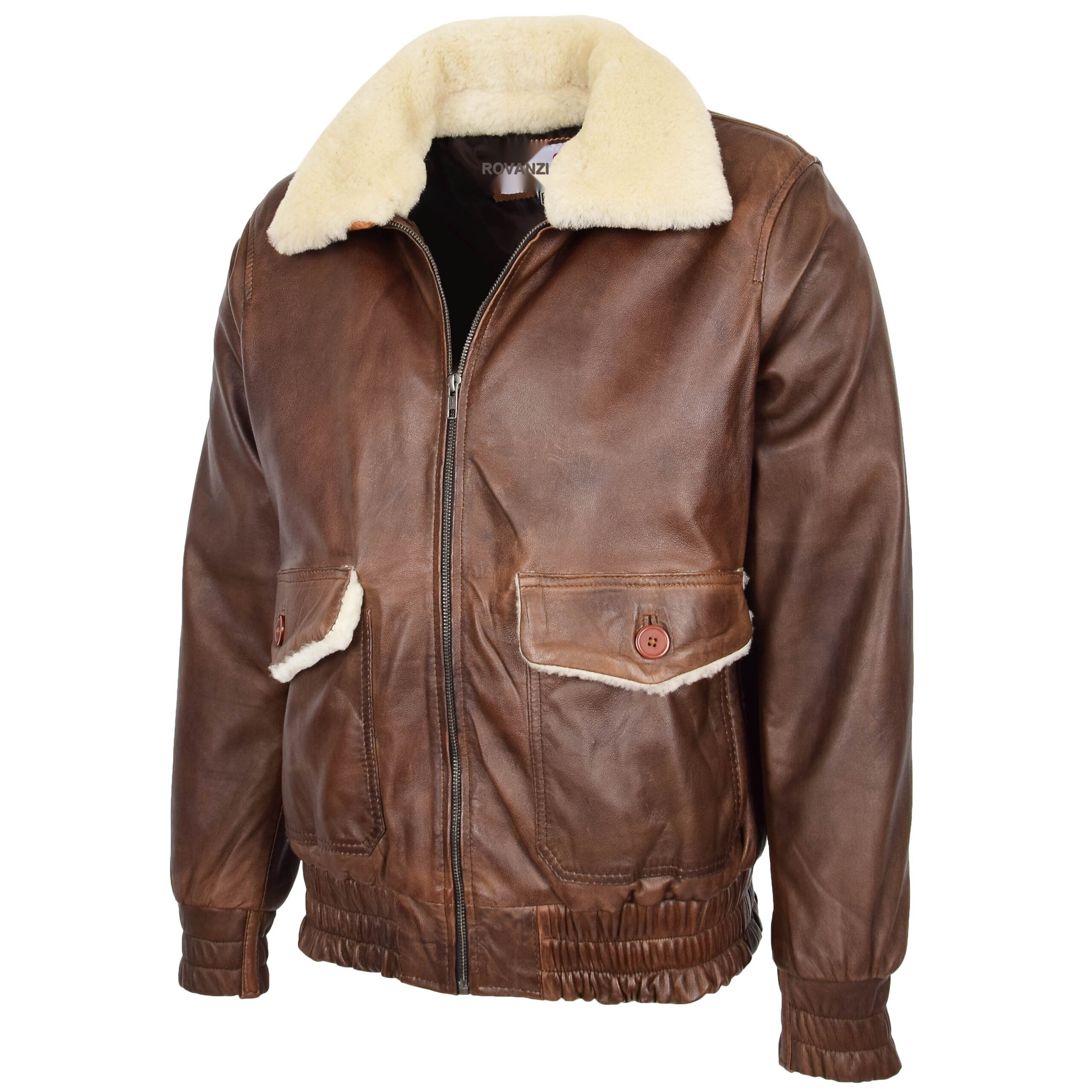 BUNERI Chaqueta Hombre Cuero Bomber Estilo G-1 Aviador Marron - Imagen 4