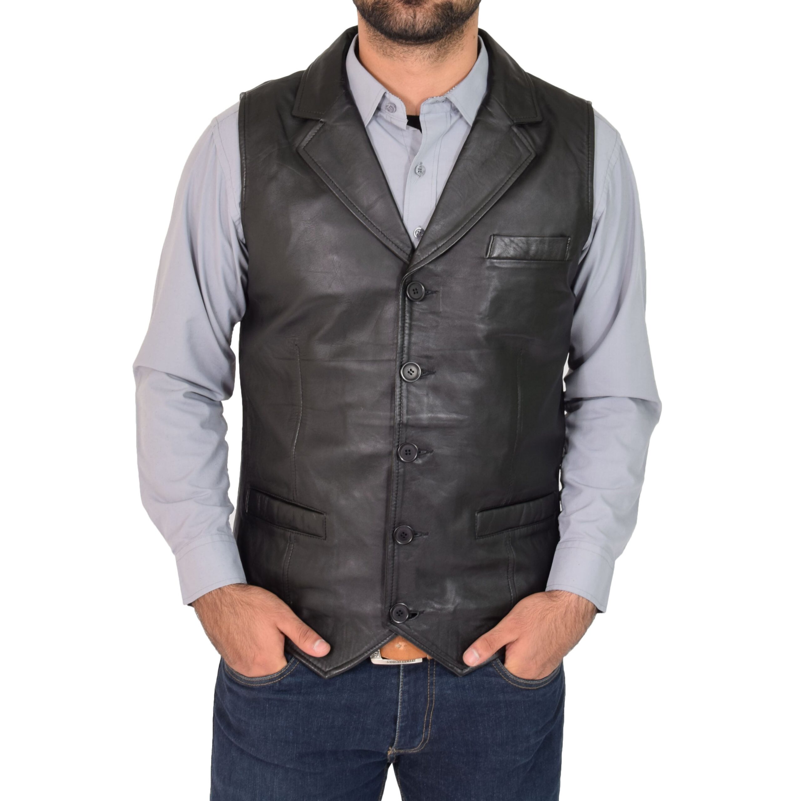 BUNERI Chaleco Hombre Cuero Abotonado Negro Gilet