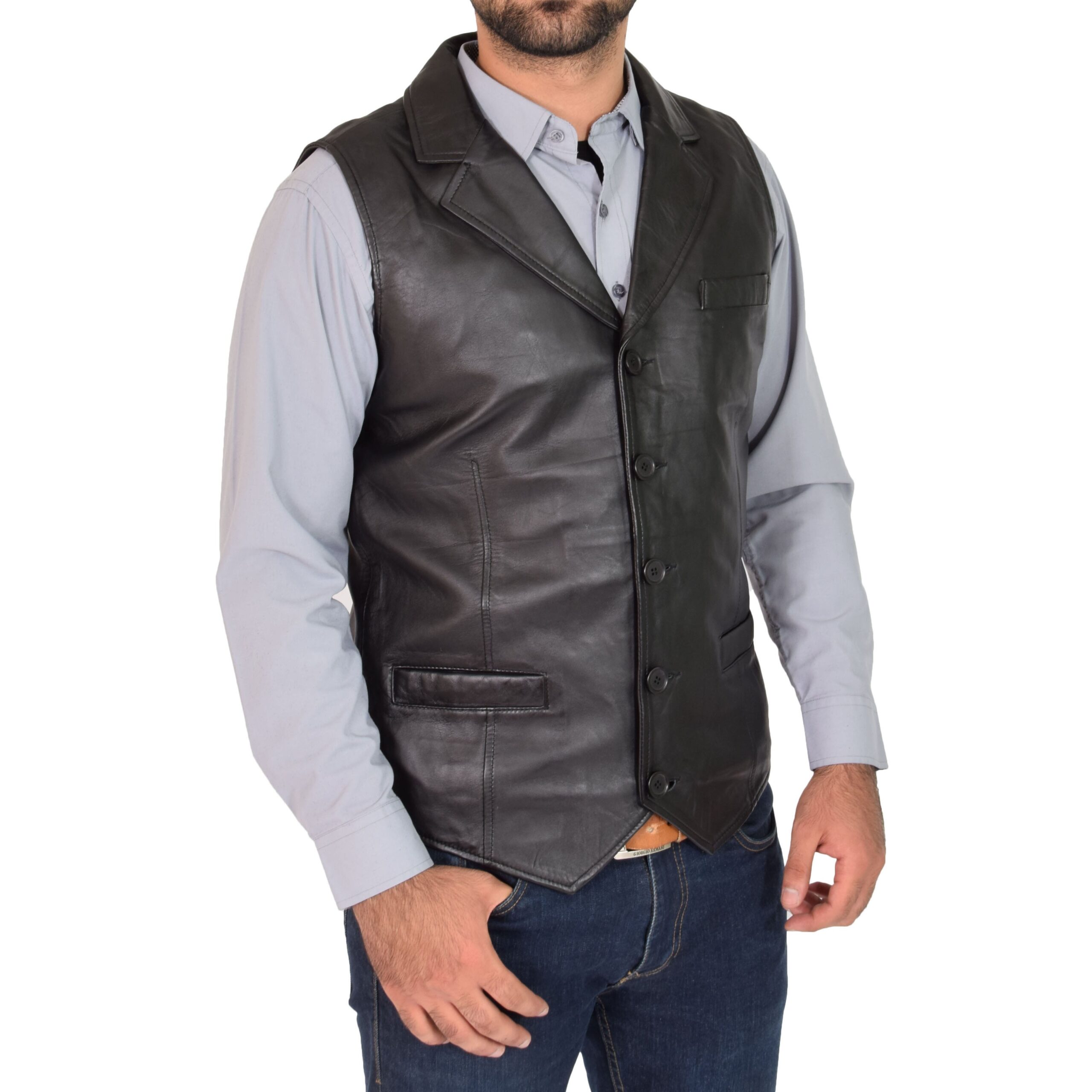 BUNERI Chaleco Hombre Cuero Abotonado Negro Gilet - Imagen 3